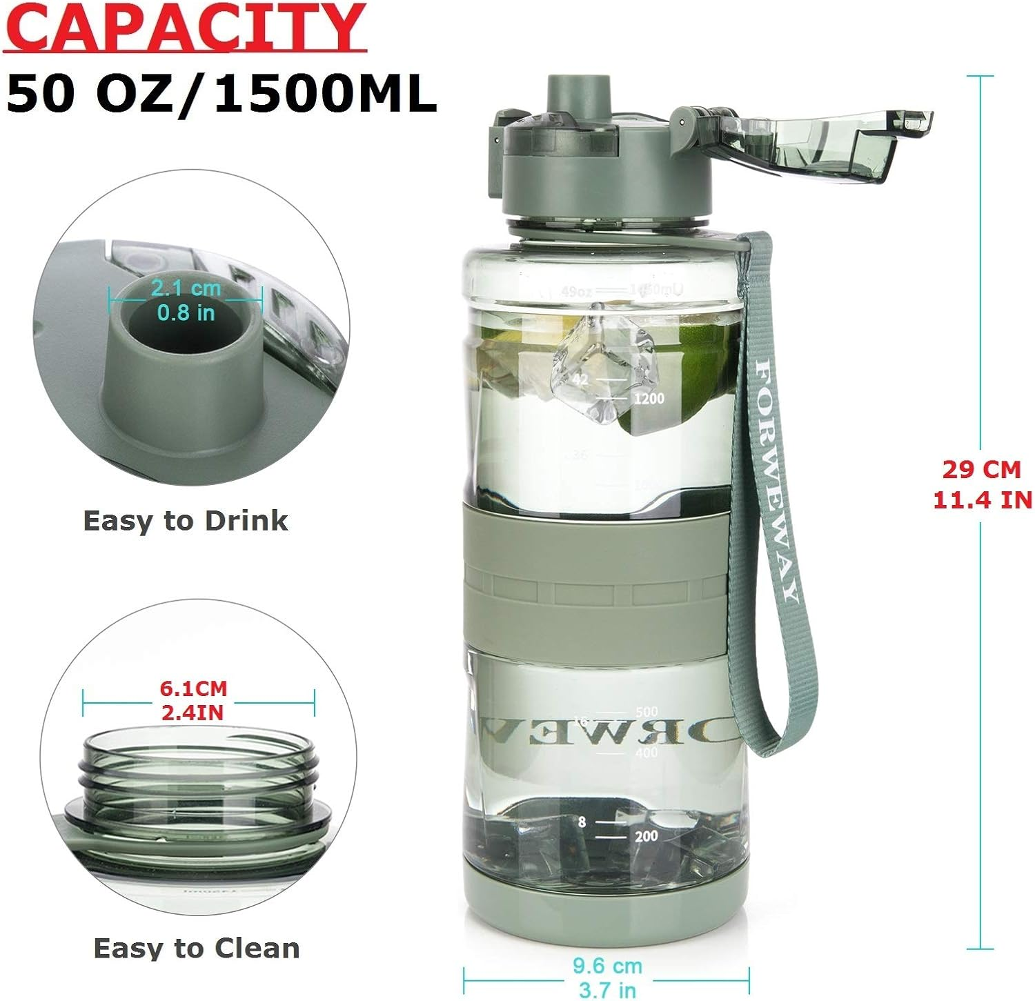 FORWEWAY Bpa-Free Large Water Bottle Tritan Leakproof Plastic Water Bottle with Filter Reusable Big Drink Water Bottles Durable for Fitness Outdoor Camping Hiking (Green) image number 4