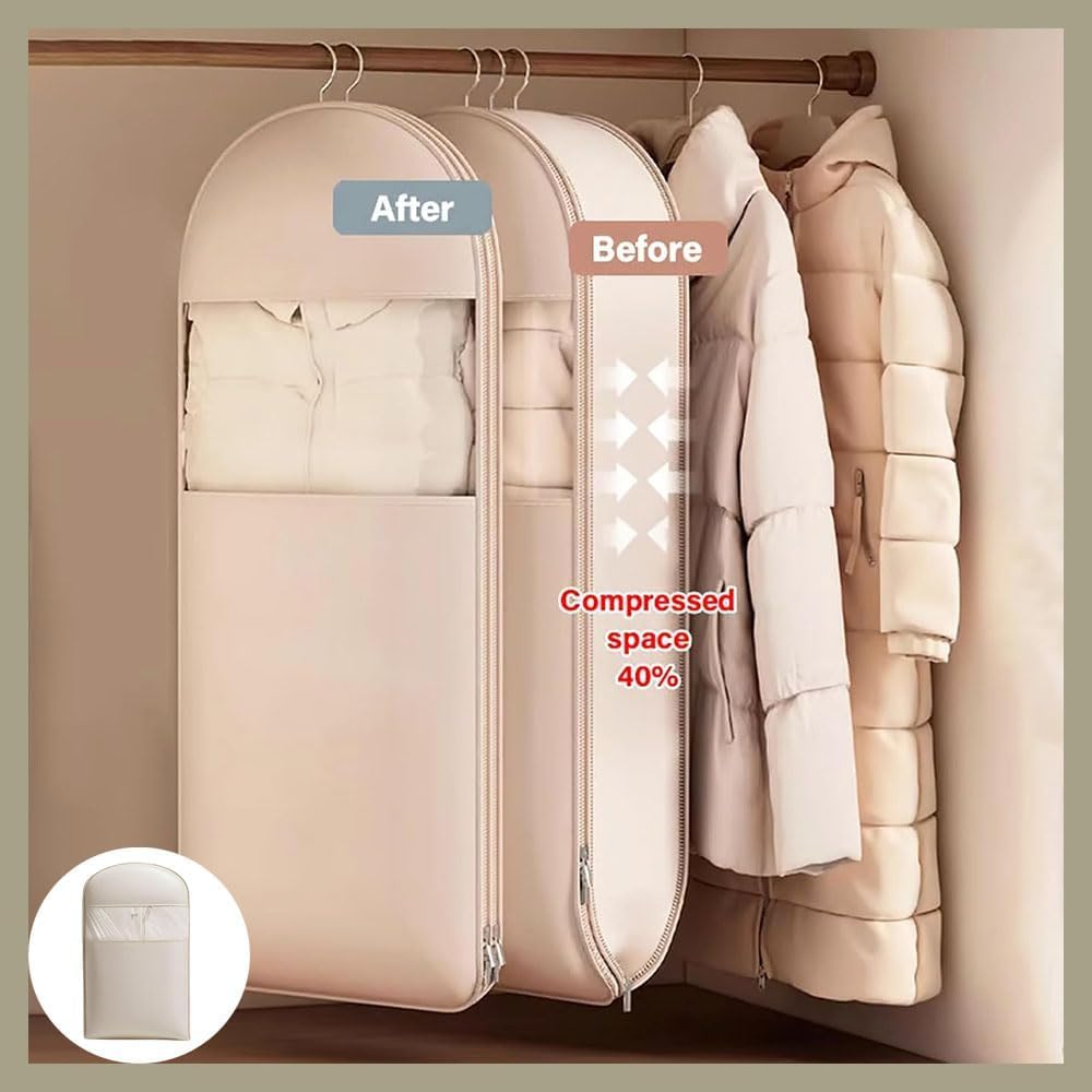 Space Saving Hanging Garment Bag with Self Compression Zipper, Otherwise Garment Bag, Dust Cover Clothes Bags for down Coat (Pink, Small) image number 3