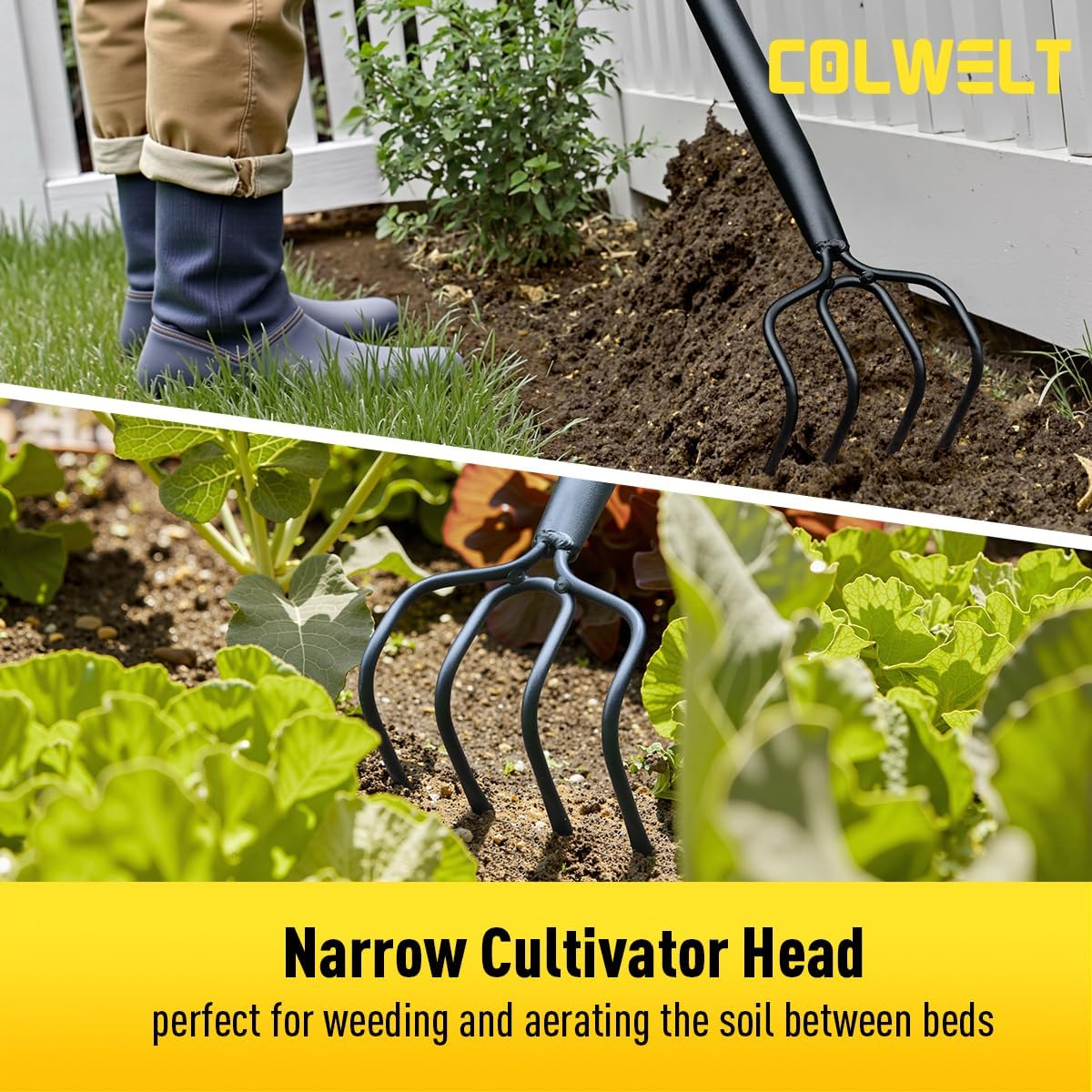 Colwelt 4 Tines Garden Cultivator Rake 59'', Hand Tiller Garden Tool with Sharp Forged Steel Head, Cultivators for Gardening with Long Handle, Garden Tiller for Digging Loosening Weeding image number 1