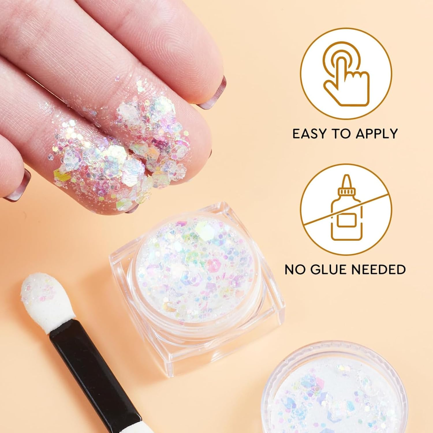 Face & Body Glitter Gel Set &ndash; 6 Shapes Iridescent White Glitter for Festival Makeup, JOMWEN Rave, Halloween, Parties & Mermaid Looks &ndash; Easy Apply Hair & Skin Glitter (White, 6 PCS) image number 2