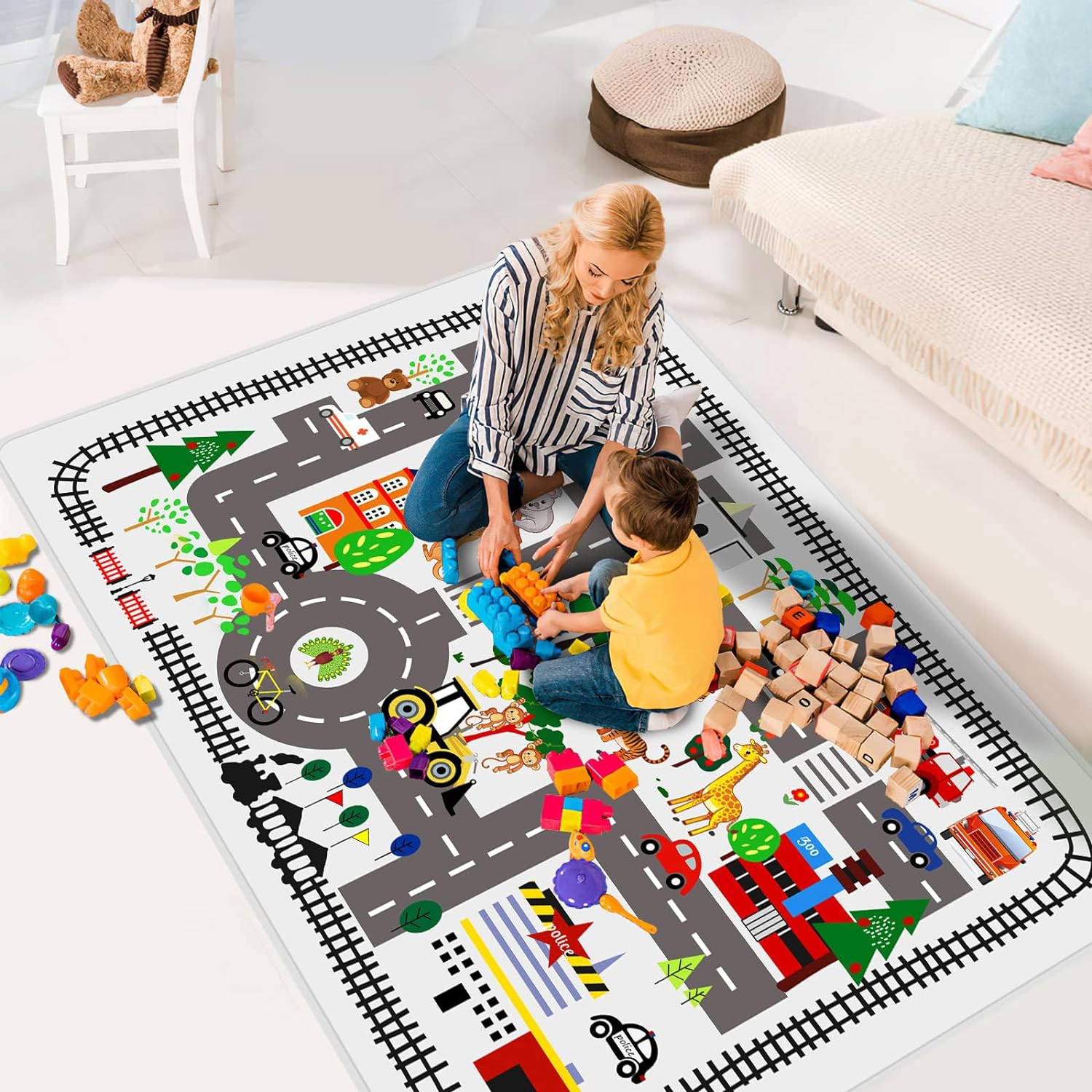 Play Mat Kids Rug Carpet Playmat Extra Large Learn Have Fun Safe Road Traffic System Multi Color Study Activity Centerpiece Play Mat for Playing with Cars for Bedroom Playroom (Road Traffic System 04) - Road Traffic System 04 image number 1