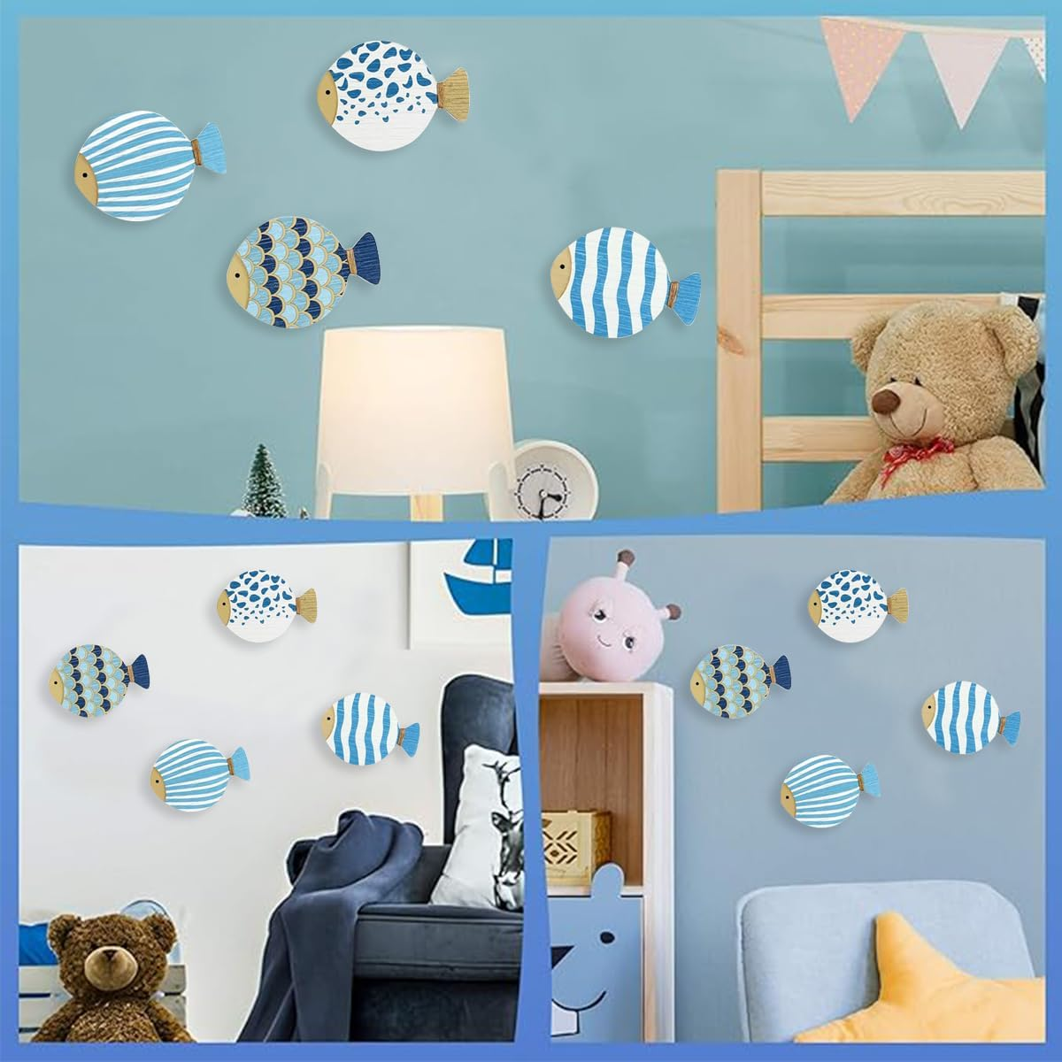 4 Pcs Vintage Beach Wall Decor,Wooden Fish Nautical Wall Art,Coastal Wall Art,Blue Fish Wall,Sculpture Lake House Hanging Decor,Ocean Room Decor for Bathroom Bedroom,Vintage Blue Fish Ornaments image number 3