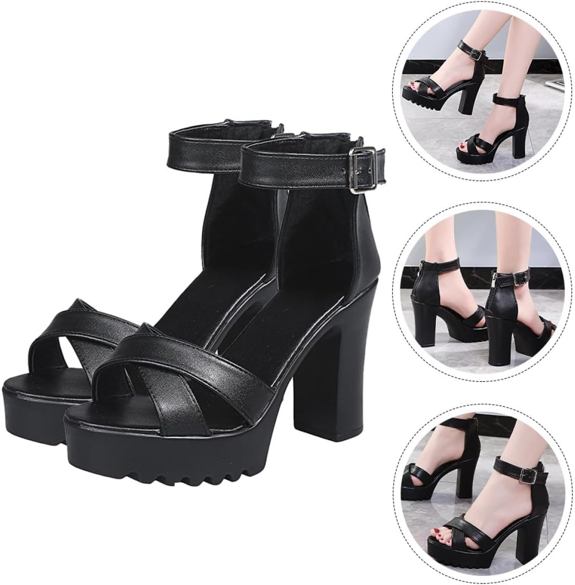 Healvian Women Peep-Toe Chunky High-Heel Sandals Open-Toe Nightclub Shoes Black Size 38 Summer Fashion image number 5