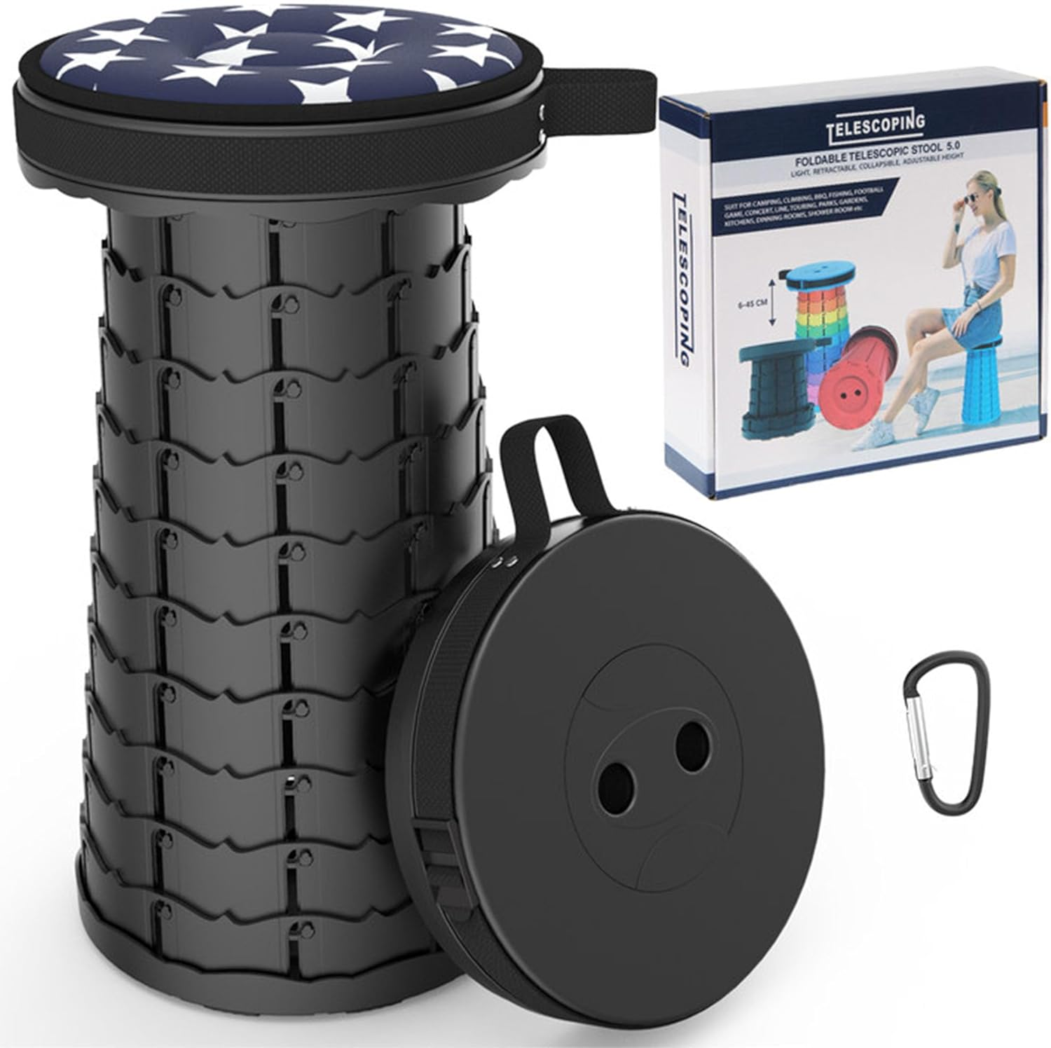 LOCYOP Telescoping Stool with Cushion,Portable Stool Sturdy and Lightweight,Retractable Stool Collapsible Stool Camping Stool for Picnic Fishing Hiking Capacity 440Ib with Carry Bag Carabiner