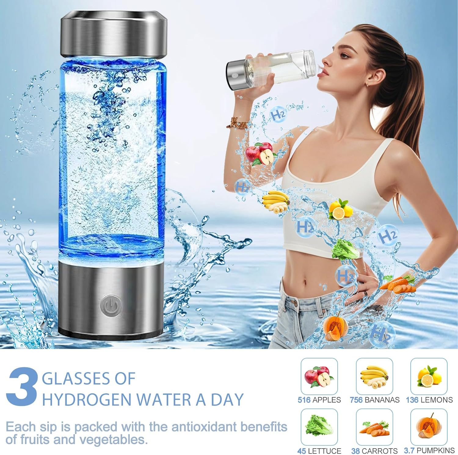 2025 New Hydrogen Water Bottle, Rechargeable Hydrogen-Rich Water Generator Machine with SPE PEM Technology,For Home Office Travel Fitness Drinking, Portable, Glass, Stainless Steel, 450Ml image number 3