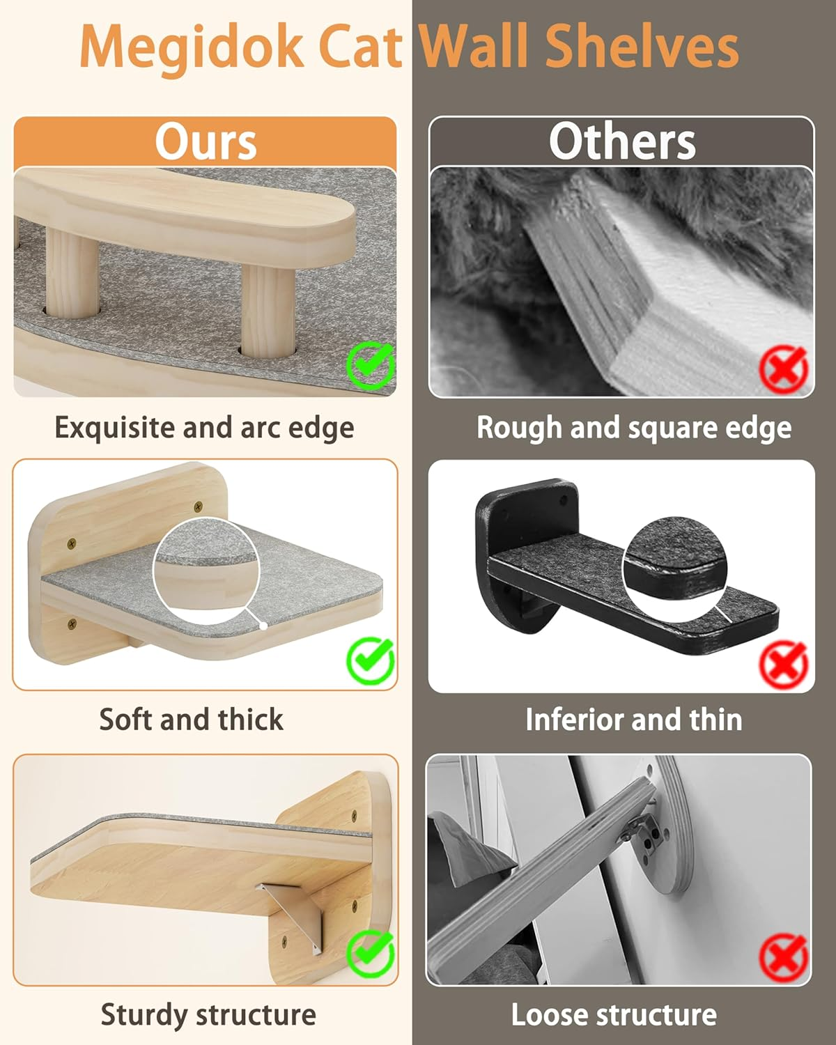 Megidok Corner Cat Climbing Shelf Perches Set Furniture, Cat Bed Wall Mounted with Soft Cushion, Modern Floating Stairs for Wall Indoor-Wood Color&shy;