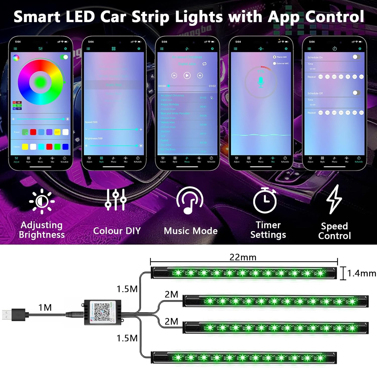 Car LED Lights Interior with Smart APP Control, 48 LED 12V Multicolor Music Car Interior Lights，With USB Port Light with Ambient Light，For Truck, SUV, Sedan image number 5