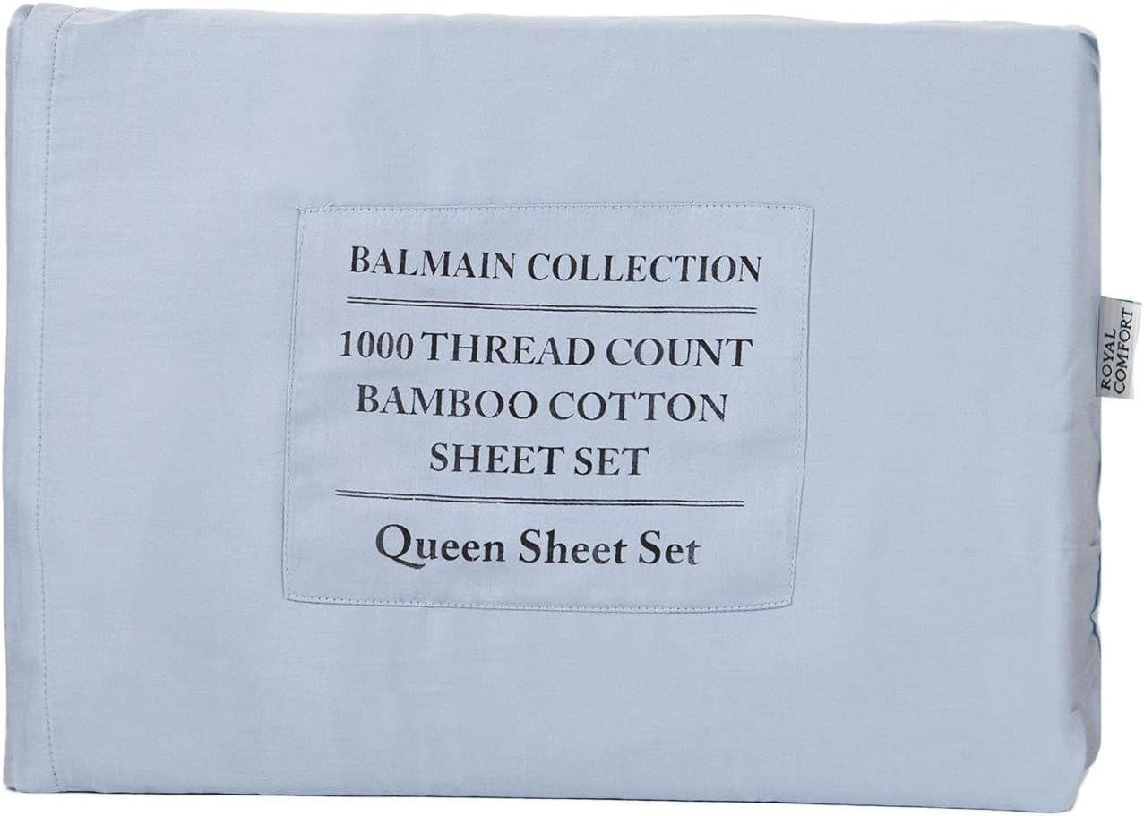 Royal Comfort Balmain 1000TC Sheet Set 50% Bamboo 50% Cotton Luxury Ultra Soft, 1 X Flat Sheet, 1 X Fitted Sheet, 2 X Pillowcases (White, Queen)