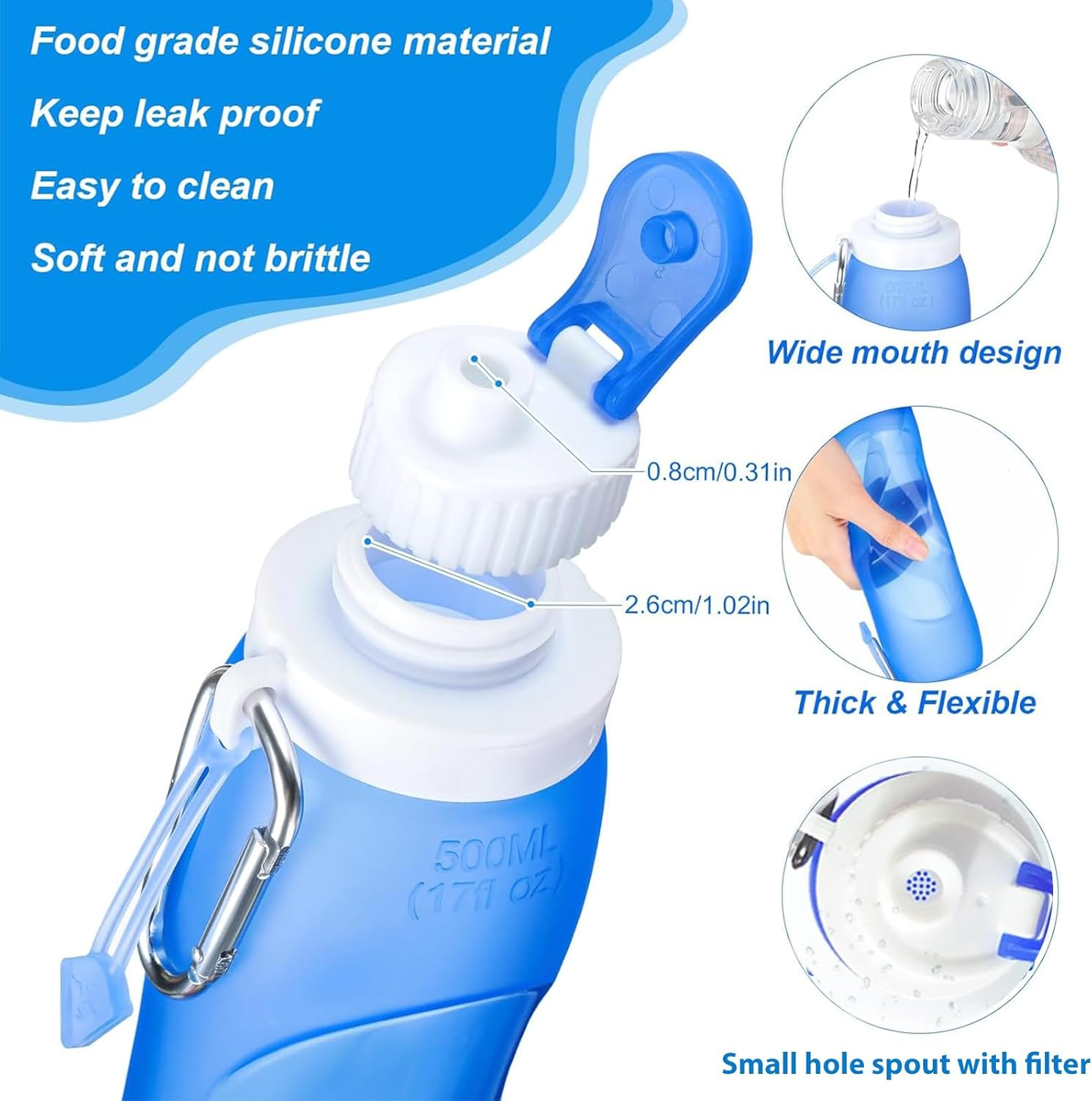 RUNGOS Collapsible Water Bottle for Travel Essentials [Double Lock Cap Leak Proof] [Half Transparent] BPA Free Silicone, Rollable Foldable Water Bottle with Clip for Backpack Outdoor Hiking Riding Etc