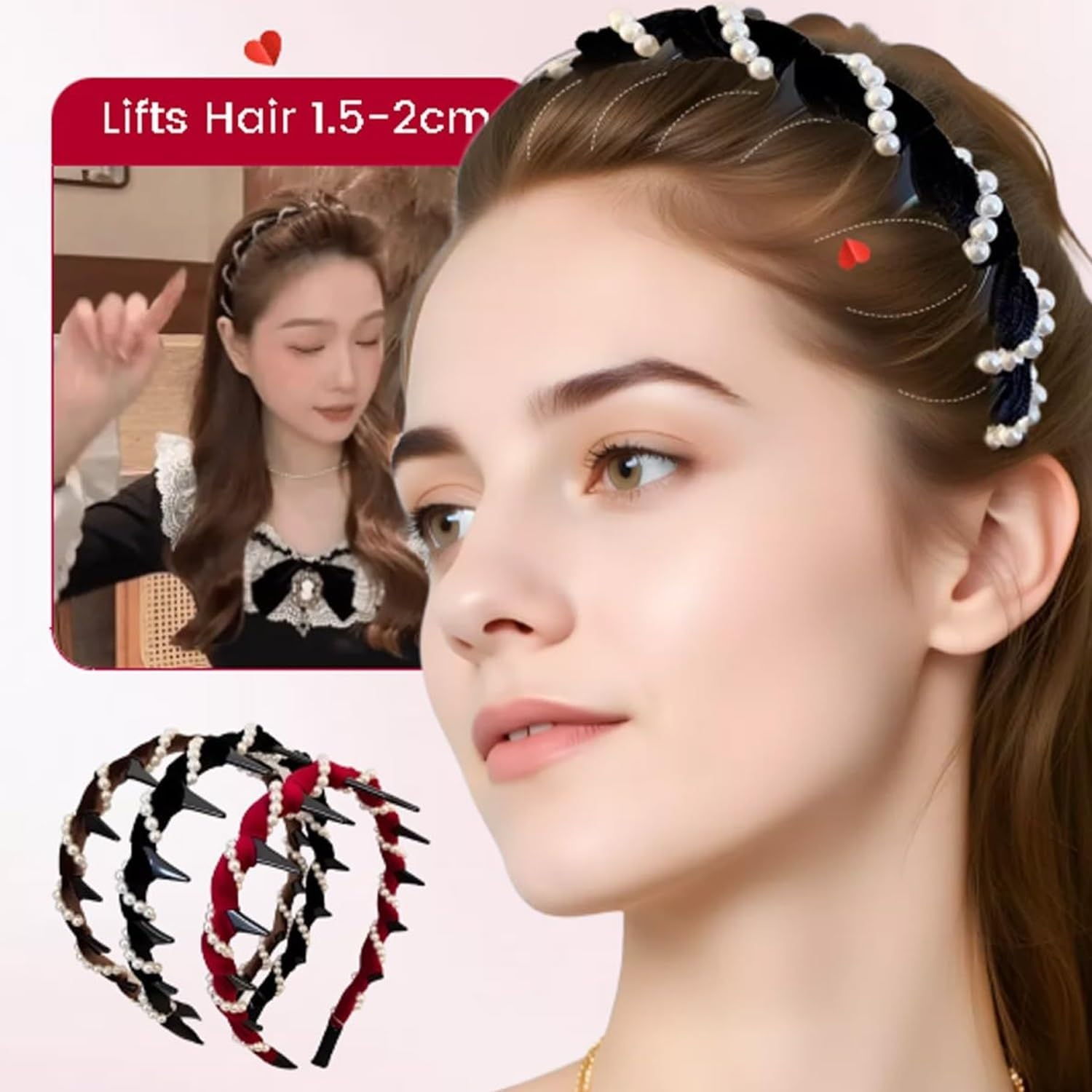 Regulatem/Watchatest Retro High Skull Pearl Headband Set, Vintage Cranium Artificial Pearl Hairband, Reversible Zig Zag Headband, Rhinestones Hair Accessories for Parties and Daily(4Pcs-D) image number 6