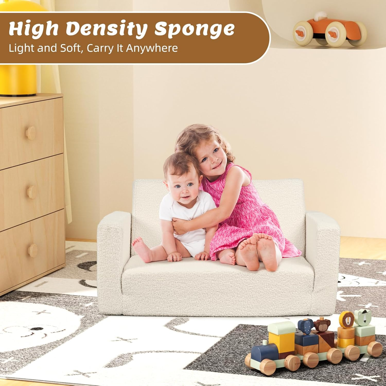 FAYDUDU Kids Sofa, 2-In-1 Fold Out Soft Toddler Couch, Toddler Sofa Bed with Washable Covers, Chair with Side Pocket Suitable for Playroom and Bedroom, Baby Sofa for Boys and Girls (Beige, L) image number 5