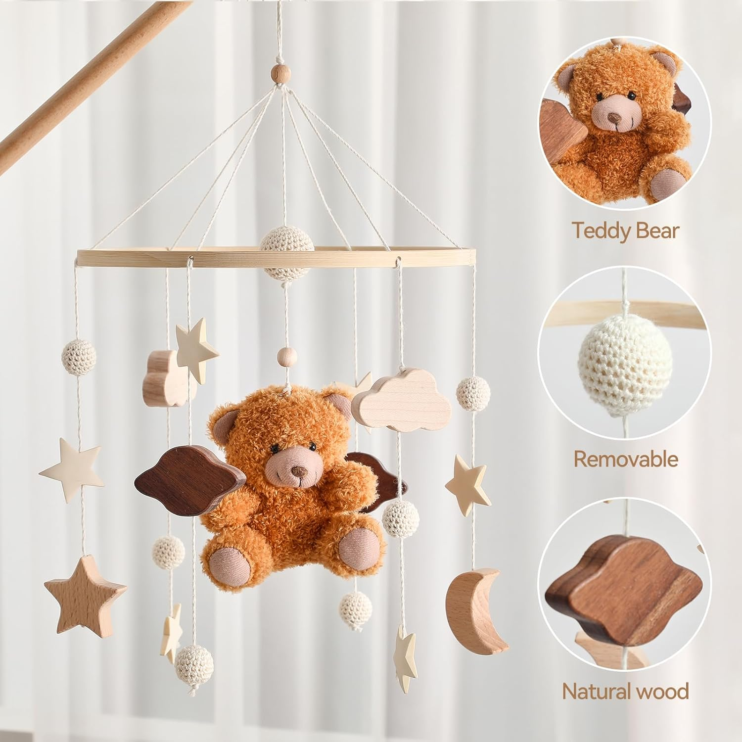 EERKEOD Baby Crib Mobile Nursery Mobile for Boys Girls Teddy Boho Mobile Nursery Decor for Infant Bedroom Hangingfor Bassinet Newborn Baby Gift （Boho Bear） image number 1