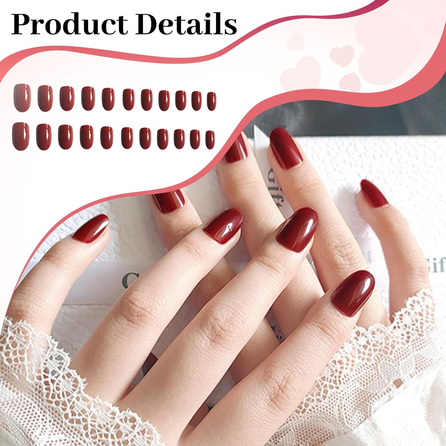 Lunarcharm 24 Pieces Burgundy, Short Press-On Nails, Press-On Nails, Oval Artificial Nails with Adhesive Tabs, Nail File, Preparation Pad, Manicure Sticks, Cherry Red image number 6