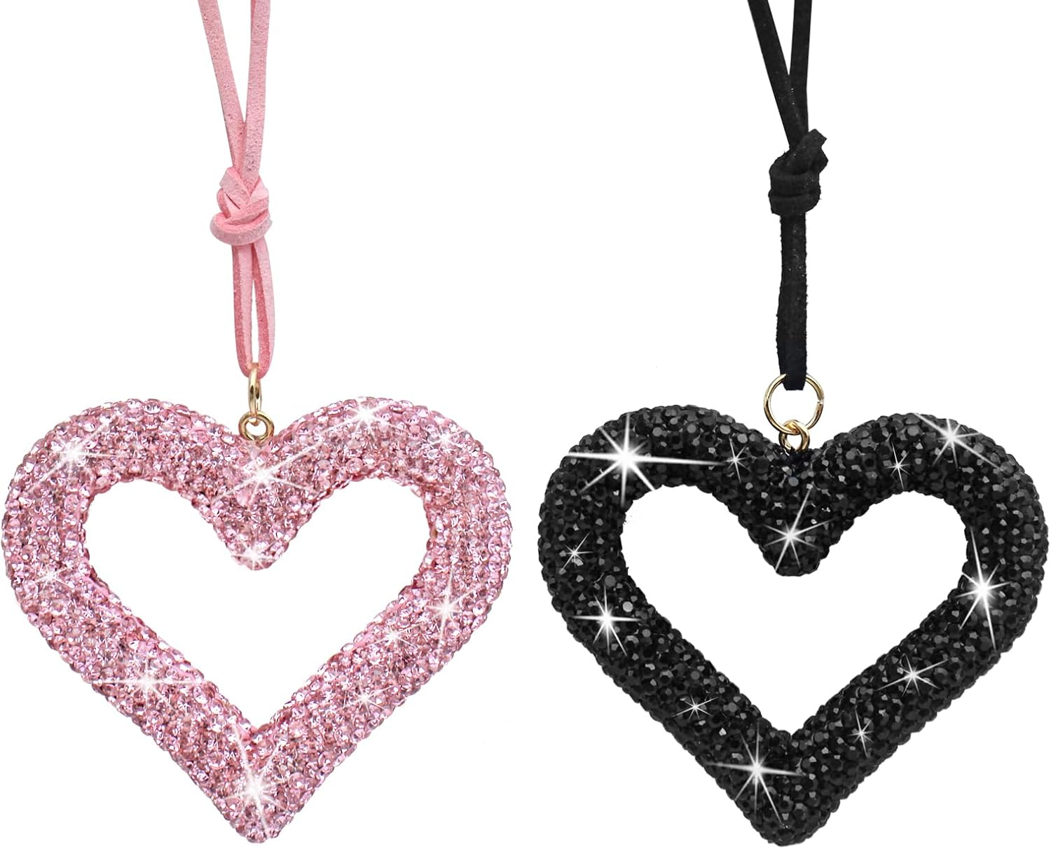2Pcs Rear View Mirror Accessories, AIFUDA Bling Heart Car Hanging Accessories Crystal Rhinestone Auto Interior Hanger Decoration for Women Girls(Black,Pink) image number 5