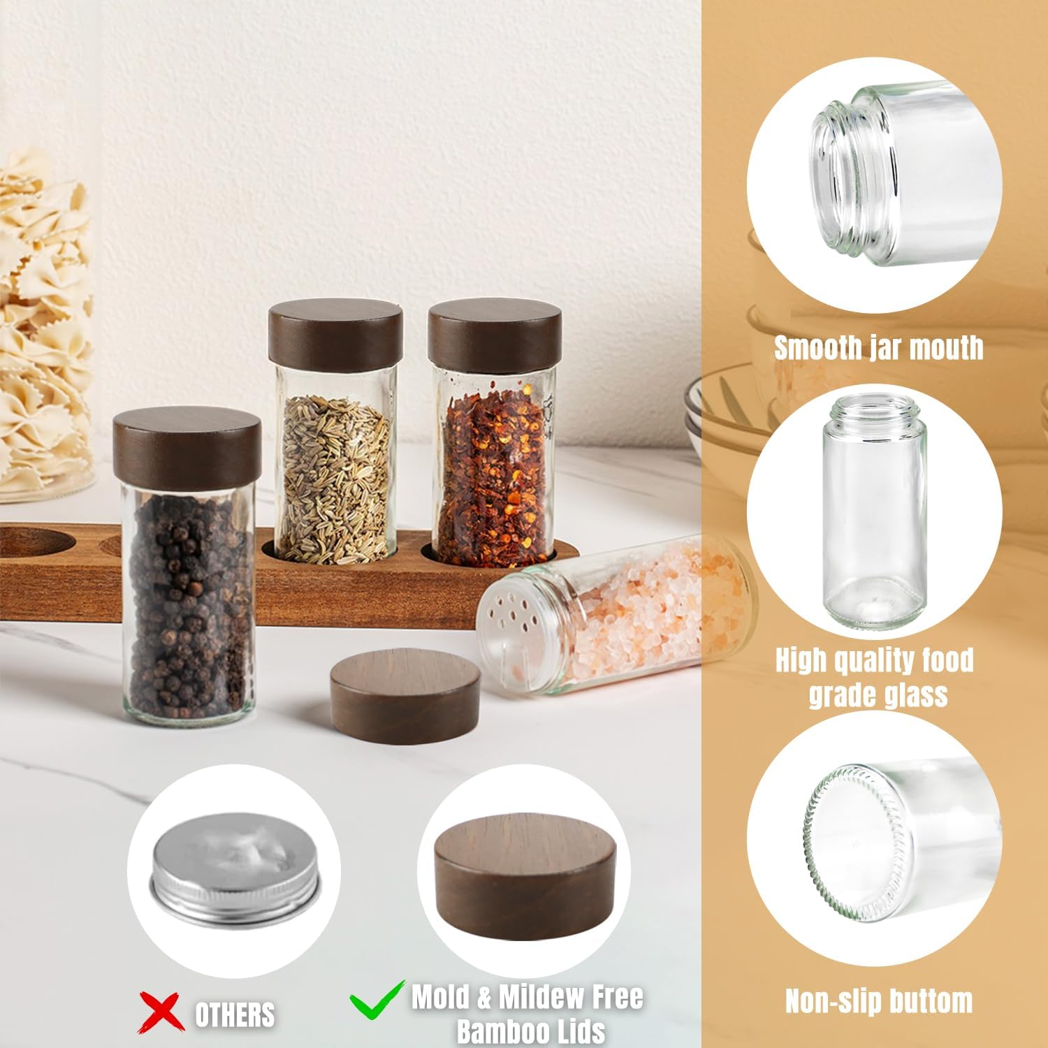 Necomi 24Pack Spice Jars with Labels & Bamboo Lids，120Ml/4Oz Kitchen Glass Spice Jars, Spice Containers with Shaker Lids, Label, Pen, Brush, Silicone Funnels (24Pcs) image number 1