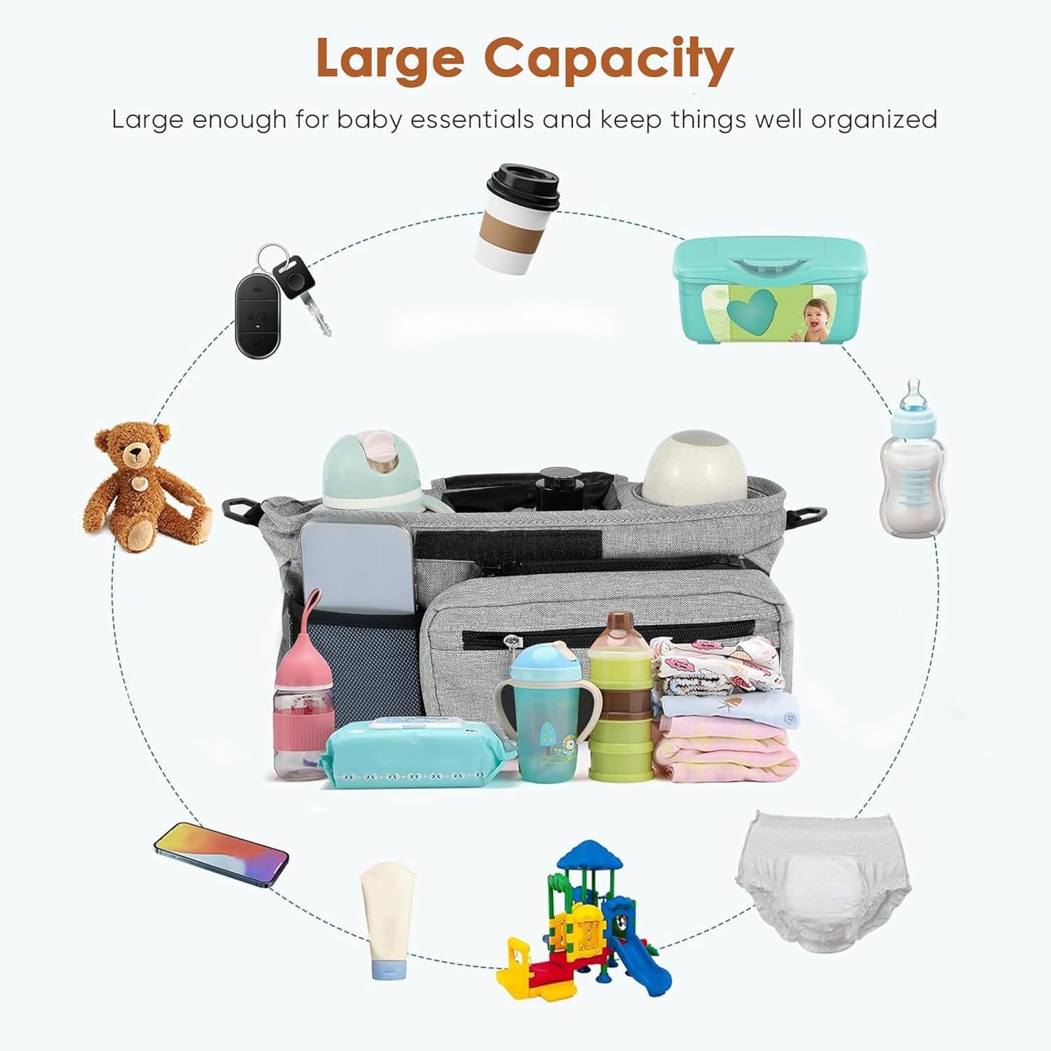 Abizarch Pram Caddy Baby Stroller Organizer with 2 Cup Holder Waterproof Oxford Stroller Caddy Organizer with Detachable Phone Pocket Adjustable Shoulder Strap for Stroller Travel image number 5