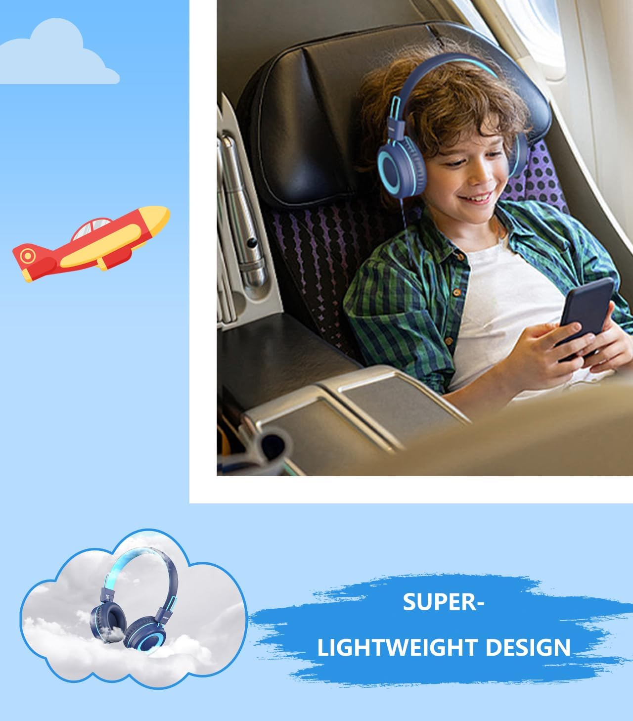 Bywulanda Upgrade USB Type C Kids Headphone for School, 94Db Safe Volume Limited, HD Stereo Sound, Foldable Lightweight On-Ear Headphones for Boys/Girls/Students/Tablet/Travel(Blue) - Mint Green image number 3