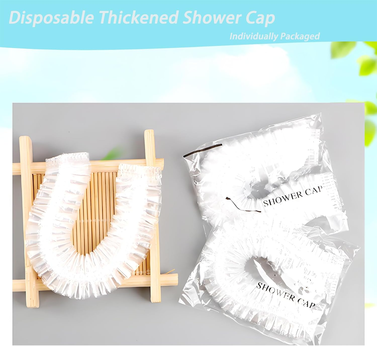 Disposable Shower Caps 100Pcs - Individually Wrapped Shower Caps Large&Thick Waterproof Clear Plastic Elastic Hair Bath Caps for for Women Spa Home Hotel Hair Salon Portable Travel image number 1