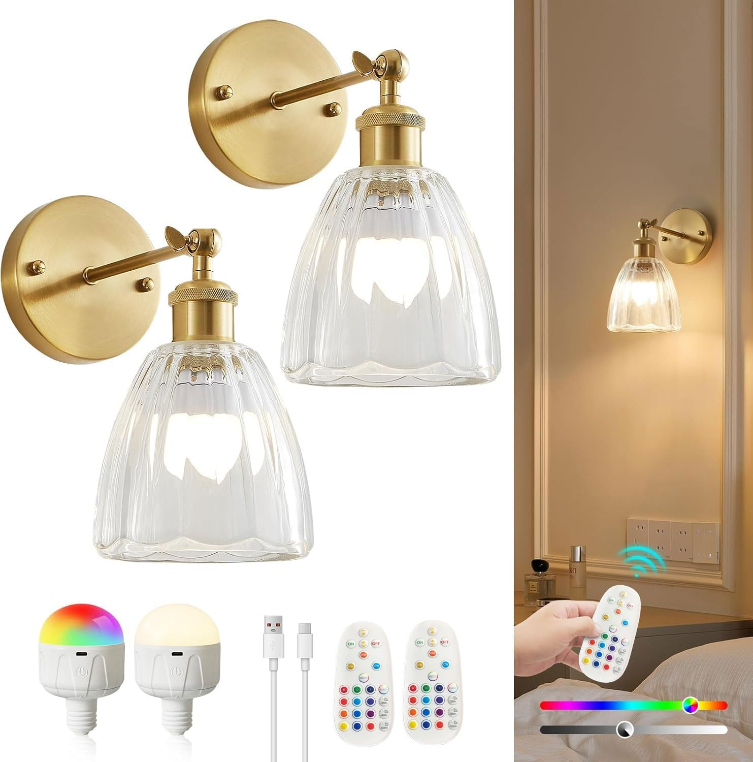 Battery Operated Wall Sconces Set of 2, Glass Lampshade Rechargeable Wall Light with Dimmable RGB Bulbs, Wireless Wall Sconces with Adjustable Lighting Angle for Bedroom, Bathroom, Hallway, Doorway image number 2