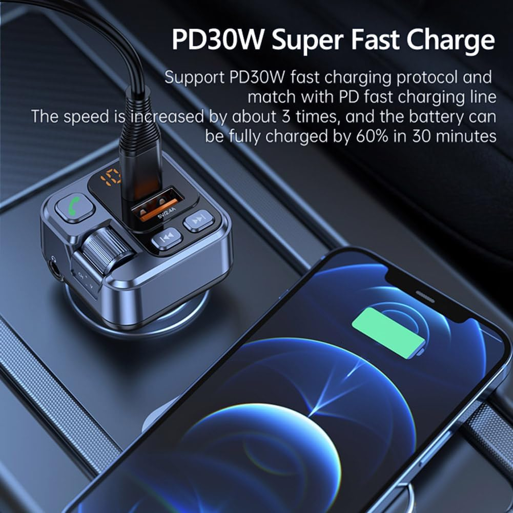 Car FM Transmitter Modualator Bluetooth Car MP3 Player USB Type C PD30W Car Charger Handsfree image number 2