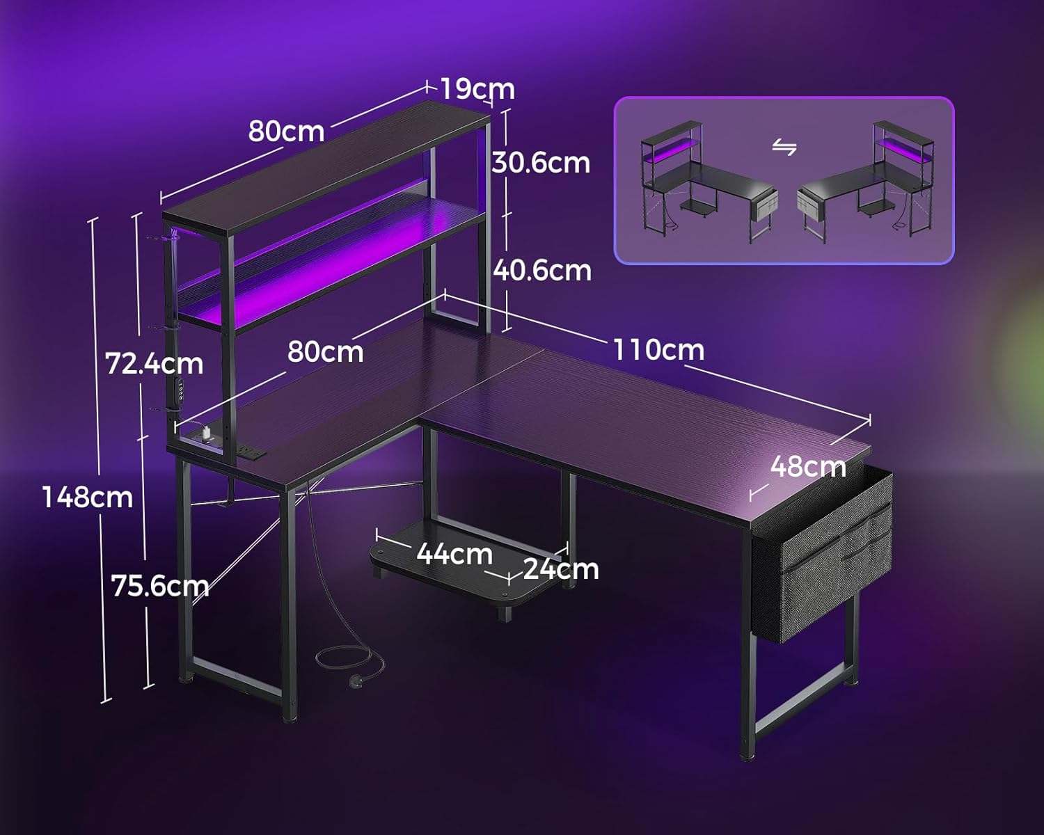 ODK L Shaped Gaming Desk with LED Lights & Power Outlet,Reversible Computer Desk with Adjustable Shelves, Corner Desk with Storage Bag & Headphone Hook for Home Office,Gaming,115 * 80 * 75.6Cm,Black image number 2