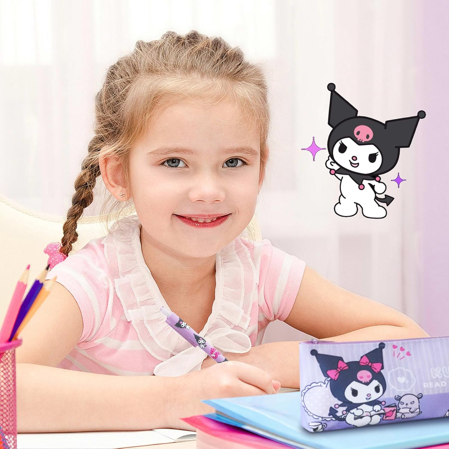 Cute Kuromi School Supplies Set - Gel Pens, Journal Notebook, 50 Stickers, Pencil Cse, Kawaii Stationery Set, Back to School Gift, Purple Kuromi image number 2