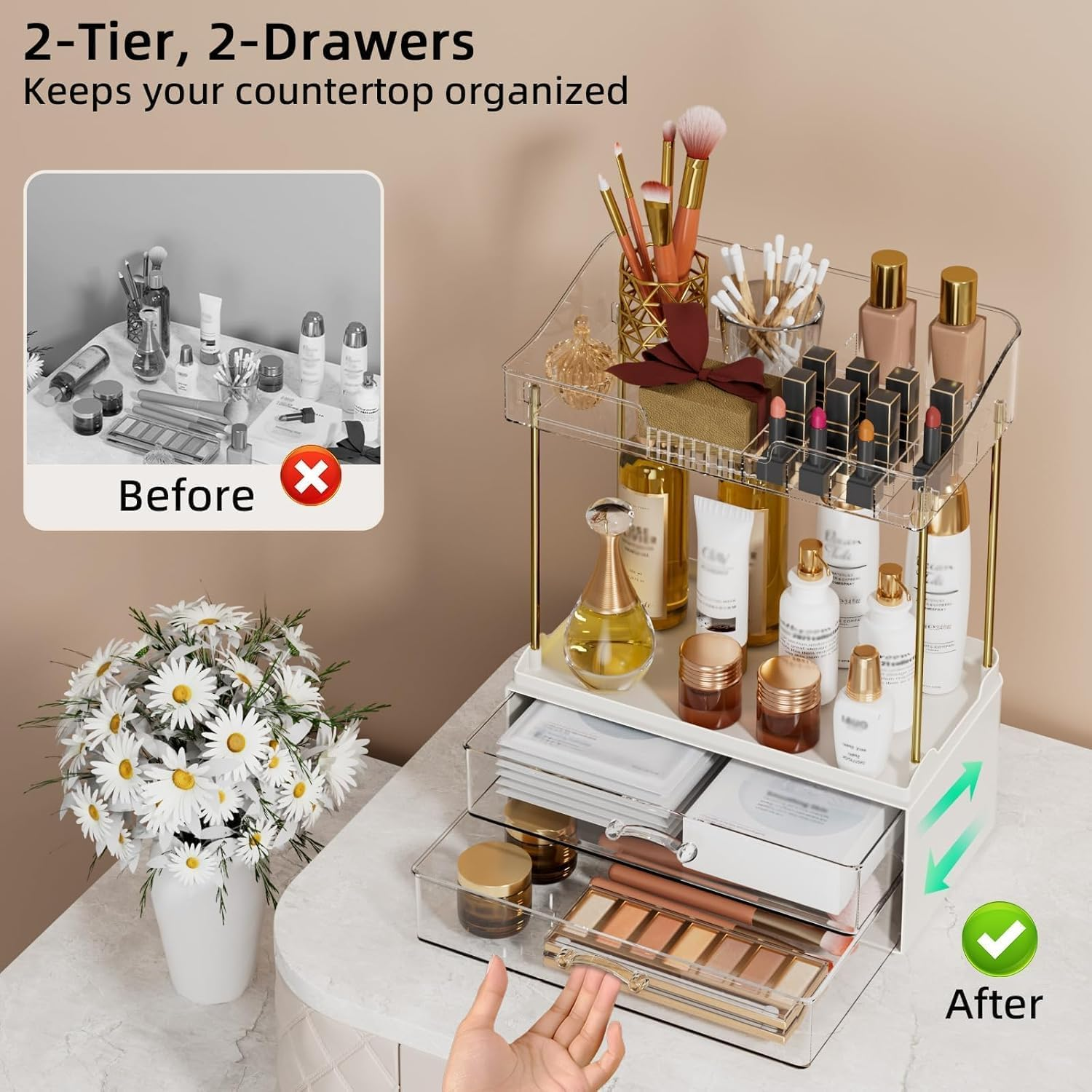 Bathroom Counter Organizer, 4 Tier 2 Drawer Makeup Countertop, Versatile Perfume Organizer, Makeup Organiser Storage, Large Skincare Organizers, for Bathroom Storage, Exquisit Vanity Shelves (White) - White image number 2