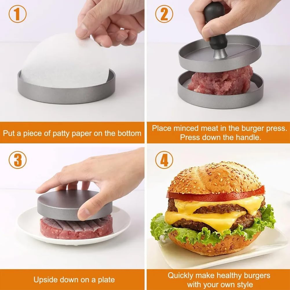 Burger Press Patty Maker, Non-Stick Patty Maker Hamburger Press Mold Aluminum with 100Pcs Wax Papers Set for BBQ Grill image number 3