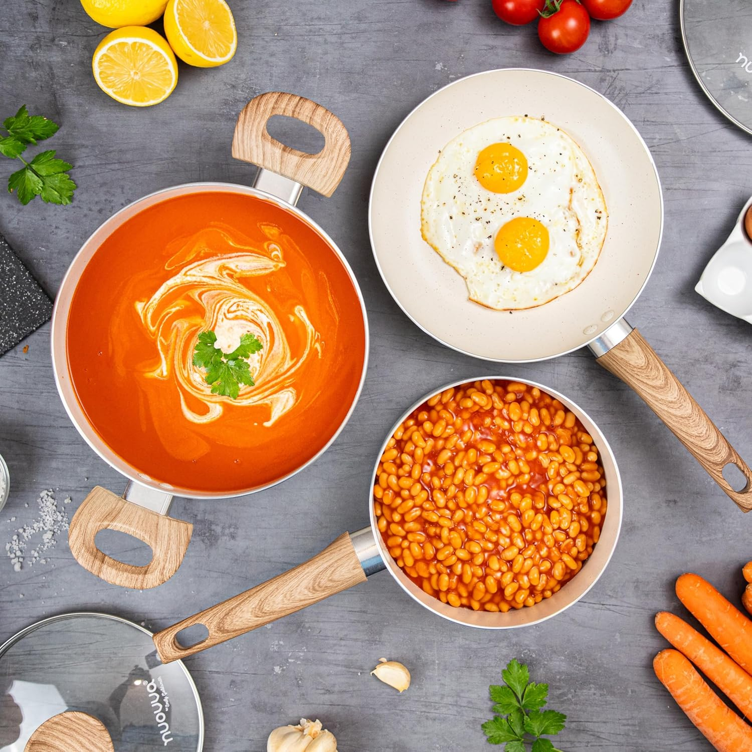 Nuovva Non Stick Pots and Pans Set &ndash; Induction Hob Pots Set &ndash; 5Pcs Kitchen Cookware with Lids &ndash; Cooking Cream Granite Saucepan Pots and Frying Pans &ndash; By image number 1