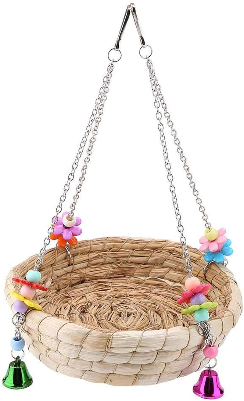 Bird Nest Bed Straw Nest Natural Hand-Woven Straw Nest Bed Swing Toy with 4 Metal Bells Toy for Budgies Cockatiels Parrots Parakeets Cage Toy image number 1