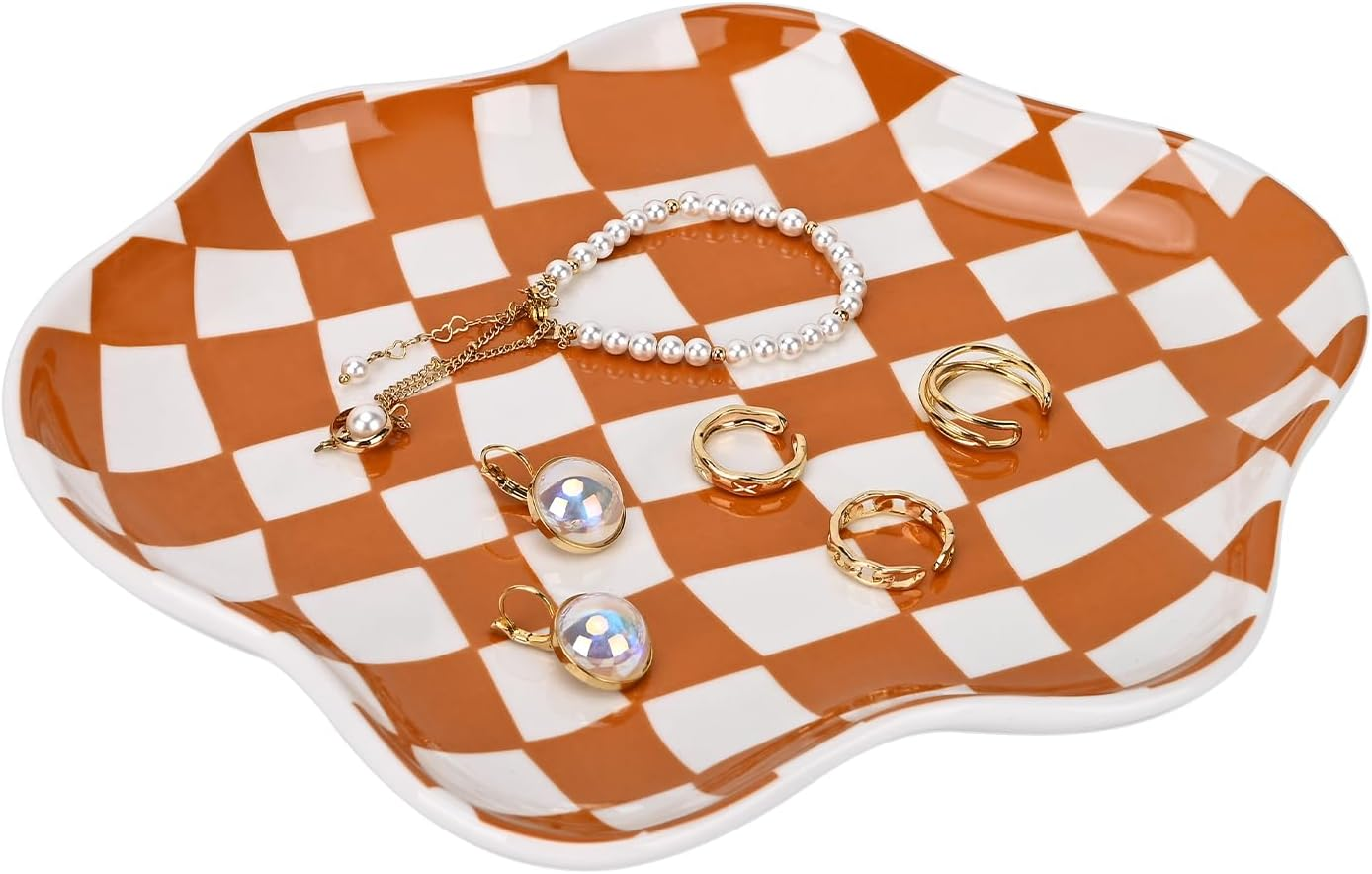 Koythin Jewelry Tray, Ceramic Jewelry Dish Trinket Tray Organizer, Checkered Pattern Aesthetic Decorative for Kitchen, Bathroom, Birthday Gift (Black and White Checkerboard)