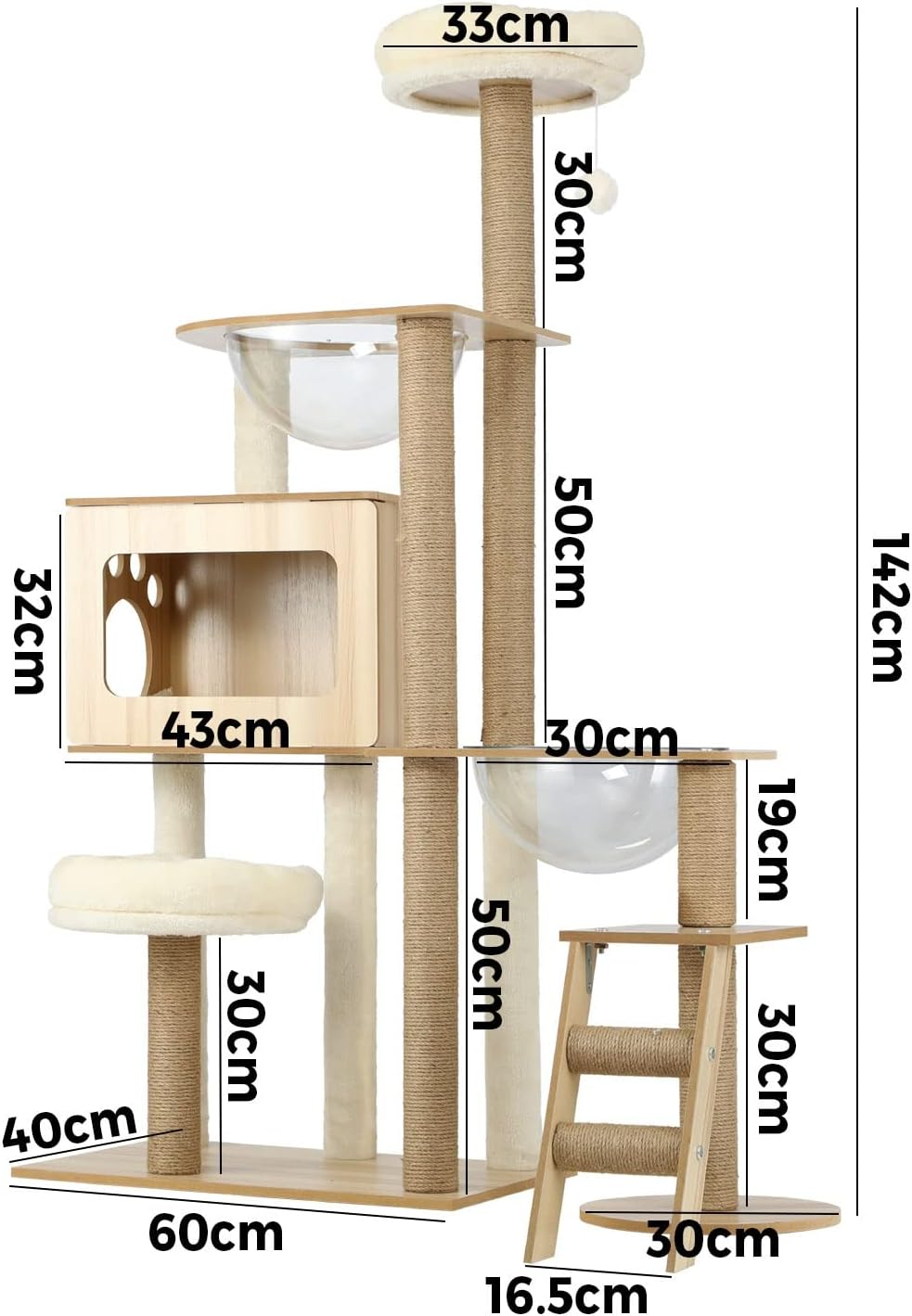 ALOPET Cat Tree with Ladder, 142Cm Cat Tower W/Sisal-Wrapped Scratching Posts, Hanging Activity Ball, Acrylic Bowl, Multi-Level Platforms Cats Condo House Bed for Indoor Cats Kitten Playing, Wood image number 5
