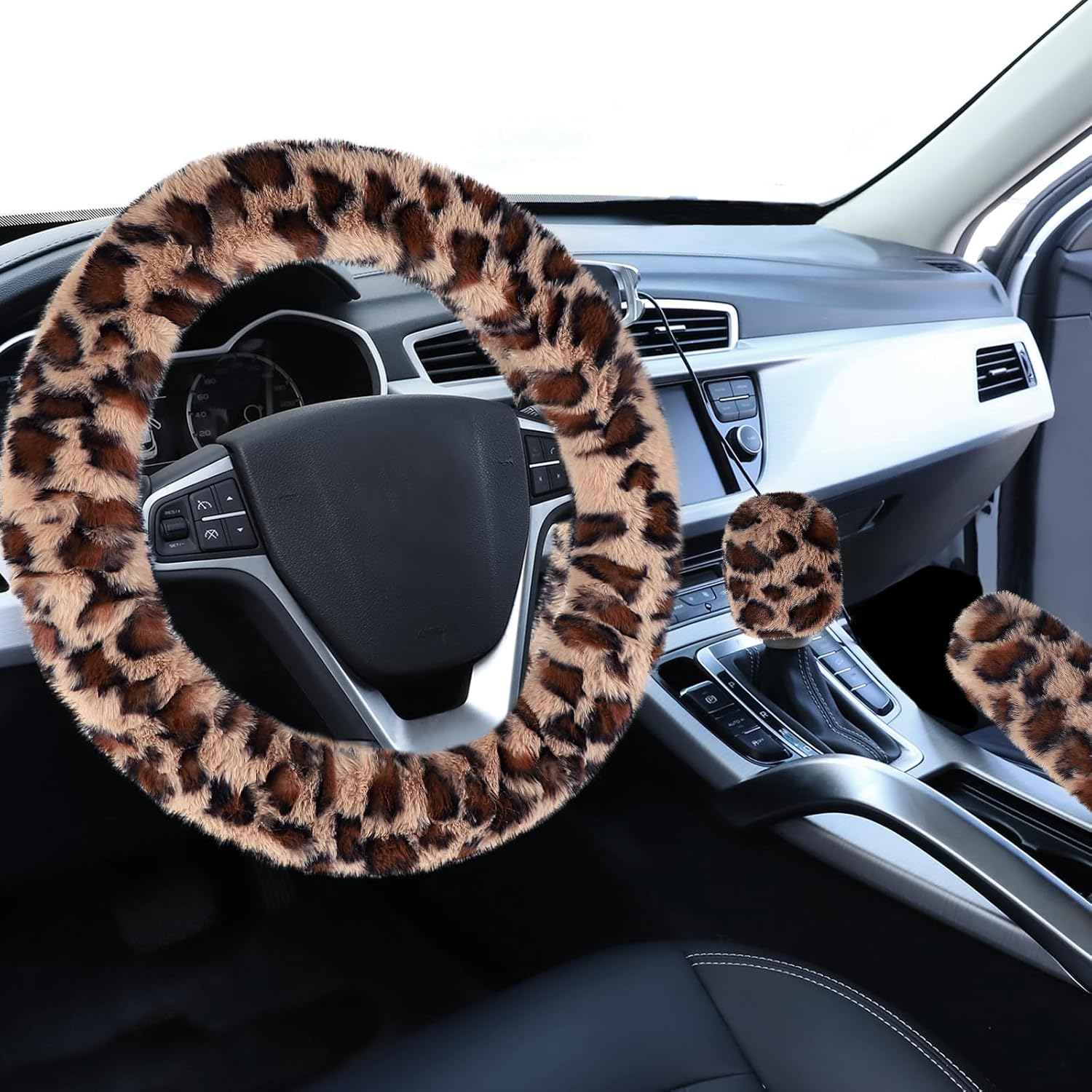Accmor Fuzzy Car Steering Wheel Cover, Universal Fit Fur Auto Wheel Cover & Handbrake Cover & Gear Shift Cover Set, Leopard Warm Fluffy Vehicle Wheel Protector Car Accessories for Men Women (Brown) image number 3