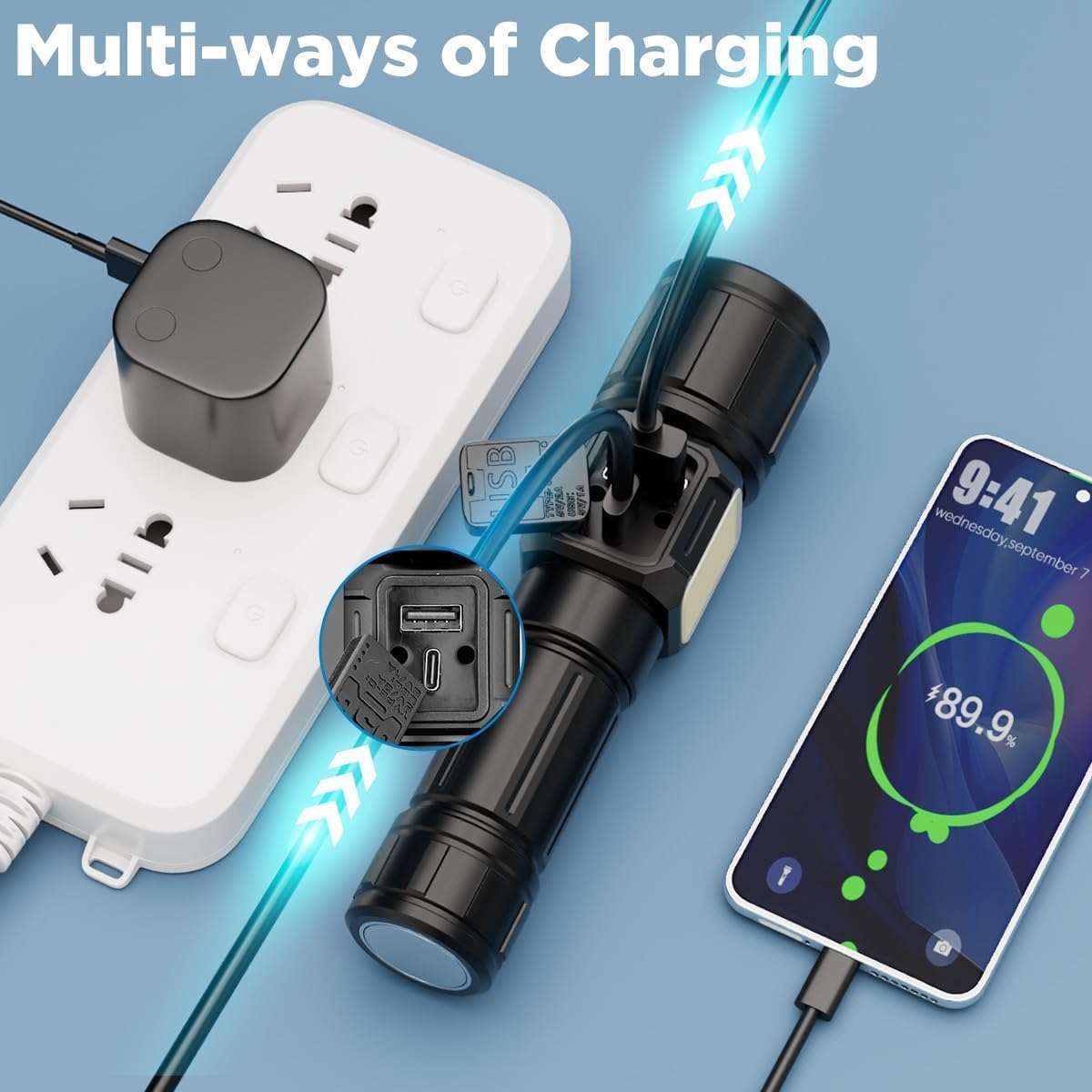 Bokmaton LED Rechargeable Flashlight with 5000Mah Battery, Super Bright Zoomable Torch for Camping Accessories, Waterproof, AAA Batteries Converter Included image number 2