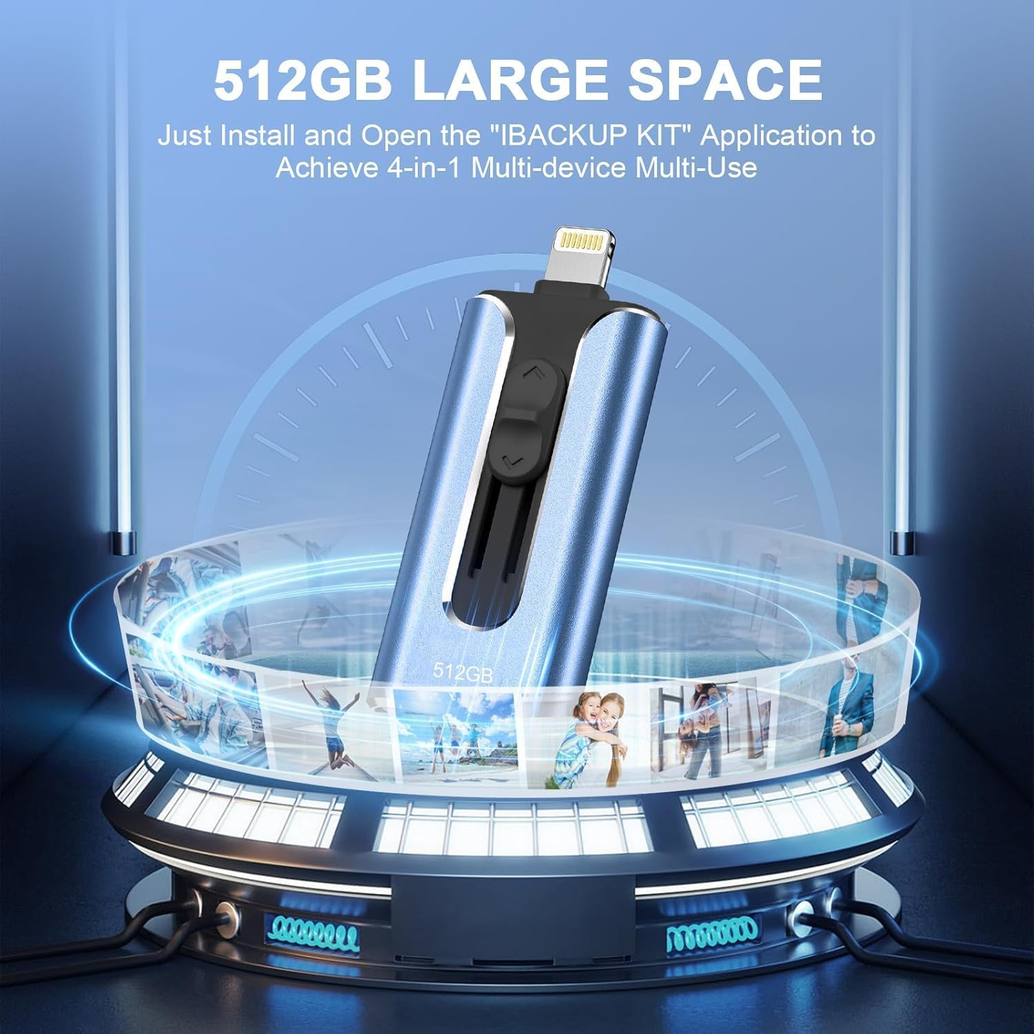 Phone Photo Stick,Mfi Certified Phone Flash Drive,4 in 1 512G USB Drive for Phone Ipad USB Stick,Phone Thumb Drive,Phone Photo Storage Phone Memory Stick for Phone/Pc/Ipad/More Devices(Blue - Blue image number 6