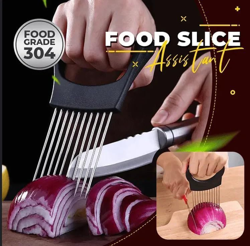 Onion Slice Holder, 2024 New Stainless Steel Onion Holder for Slicing, Chopper Slicing Assistant Tool, Cutter for Slicing of Meat, Onion, Potato, Tomato Kitchen Gadgets (Black, 1 Pack) image number 4