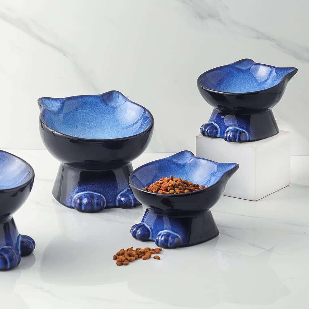 Nihow Slanted Elevated Cat Bowls: 5 Inch Ceramic Raised Cat Food Bowl for Protecting Pet'S Spine - Microwave & Dishwasher Safe -Elegant Blue & Black (4.5 OZ /1 PC) image number 2