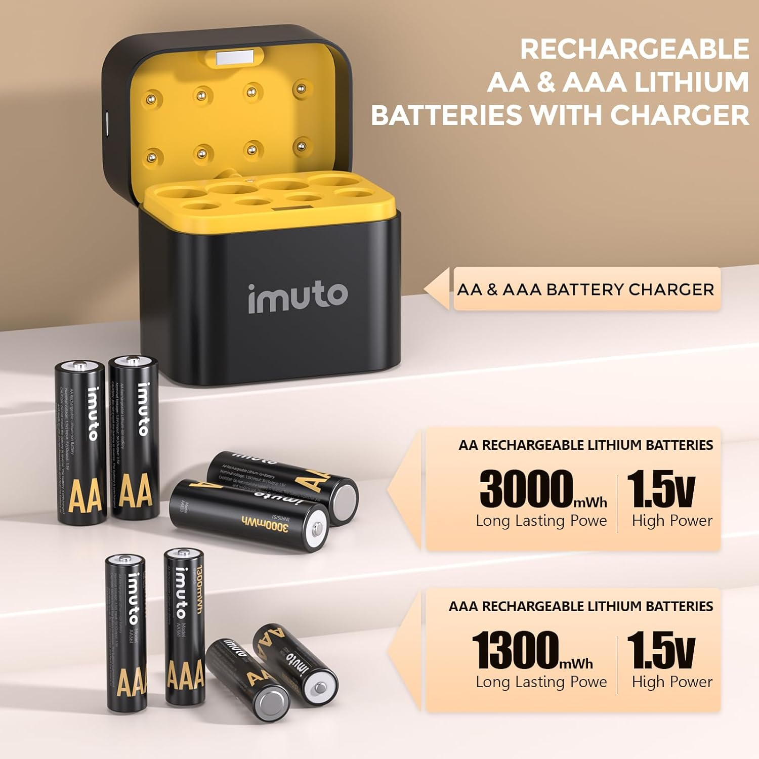 Imuto Rechargeable 4 AAA and 4 AA Batteries Lithium with Charger,8 Pack 1.5 V Triple a Double a Batteries Rechargeable, Long Lasting Lithium Battery with Integrated Charging Storage Box(4Aaa+4Aa) image number 4