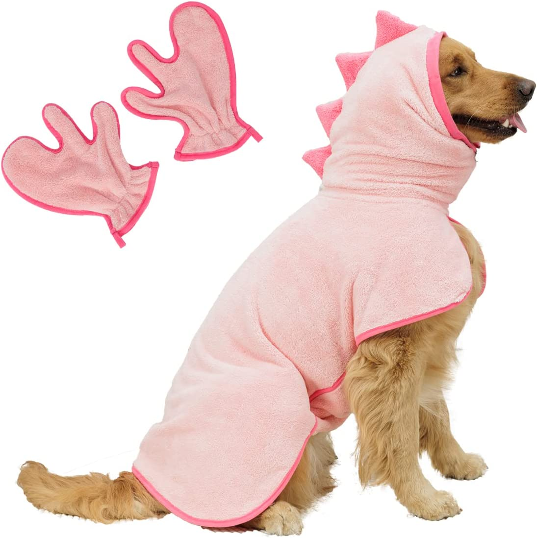 Pawyee Super Soft Fast-Drying Dog Towel Set for Cold Weather, Beach, Pool - Adjustable Microfiber Bath Robe with Drying Gloves for Cats and Dogs (Large, Pink Dino)