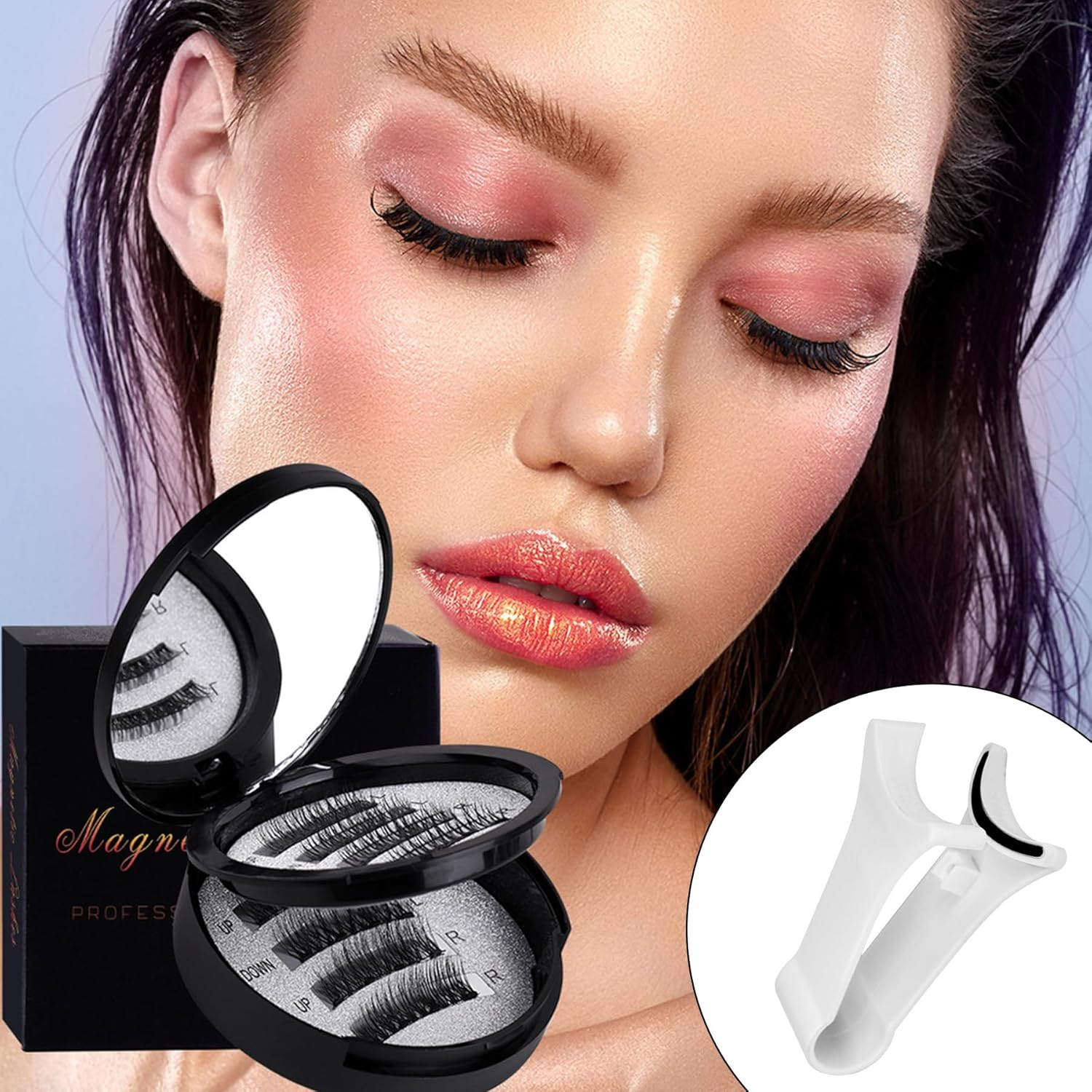 Magnetic Eyelashes Kit with Applicator &ndash; 2 Pair Reusable Natural Look Lashes for Beginners, Full Strip Lash Set with V-Shaped Magnetic Tweezer Tool image number 1