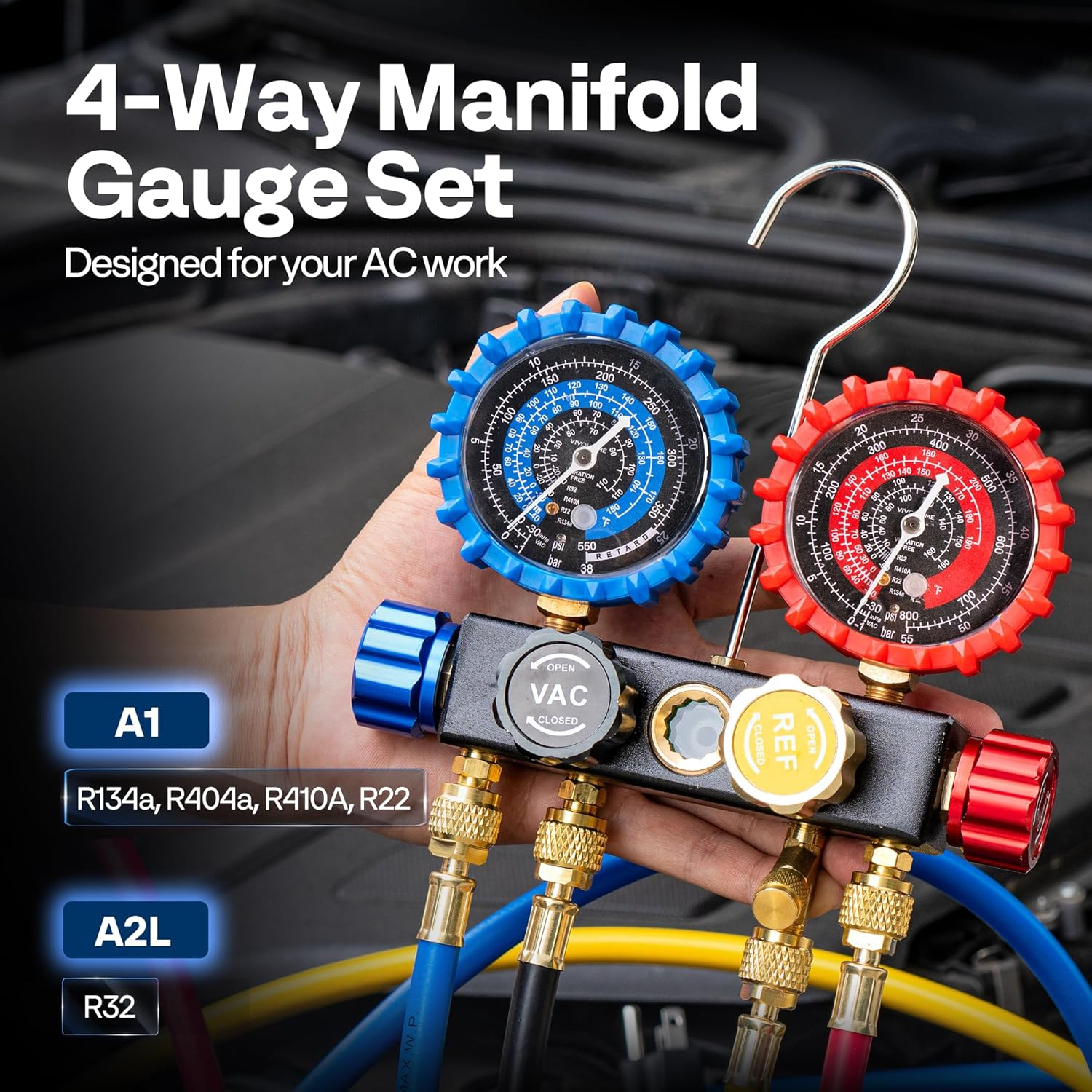 VIVOHOME HVAC Manifold Gauge Set for R134A R410A R22 R32 Refrigerant, 4 Valve Automotive AC Gauges with 5Ft Hoses for Car Freon Charging and Evacuation image number 5