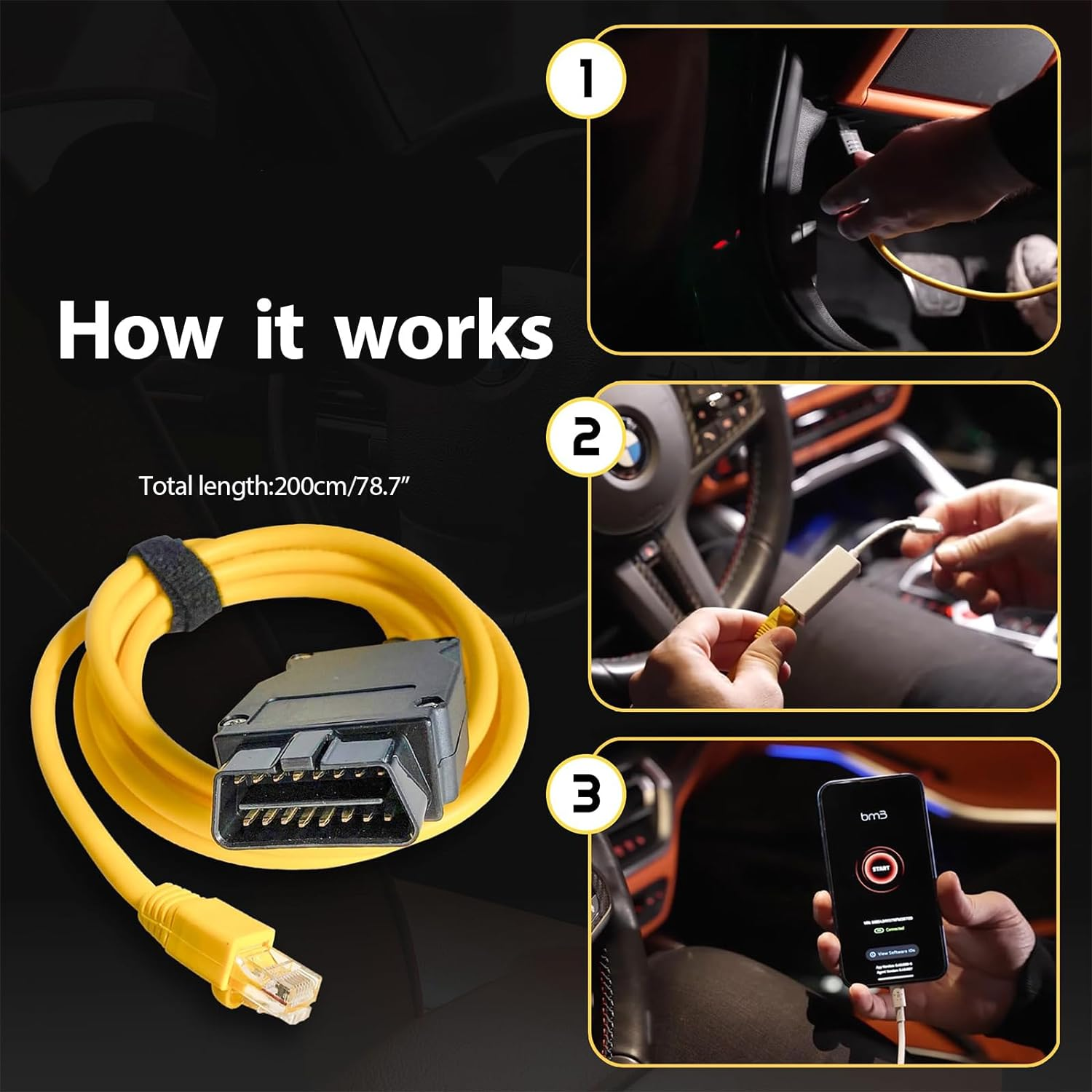 ENET OBD2 Adapter, ENET Cable Interface Cable OBD2 78.7In, Ethernet Connector Tools for BMW F-Series Coding Diagnostics