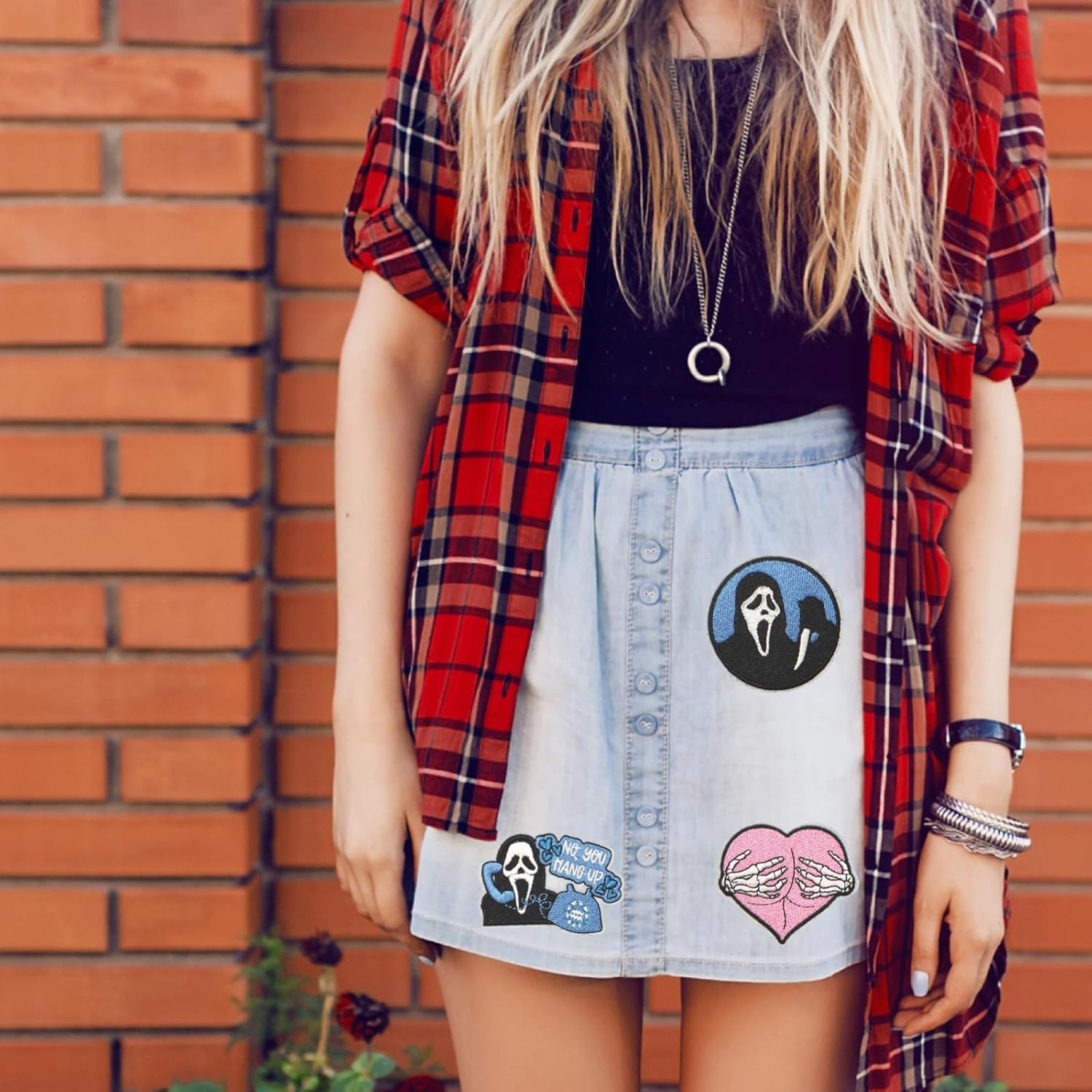 HEYTRCO 8PCS Ghost Iron on Patches, Scary Pink Blue Dark Hang up Embroidered Repair Patches for Clothes, Vintage Custom Badge Heart Applique for Hats, Jeans, Jackets, Bags, Backpacks, Dress, Shoes