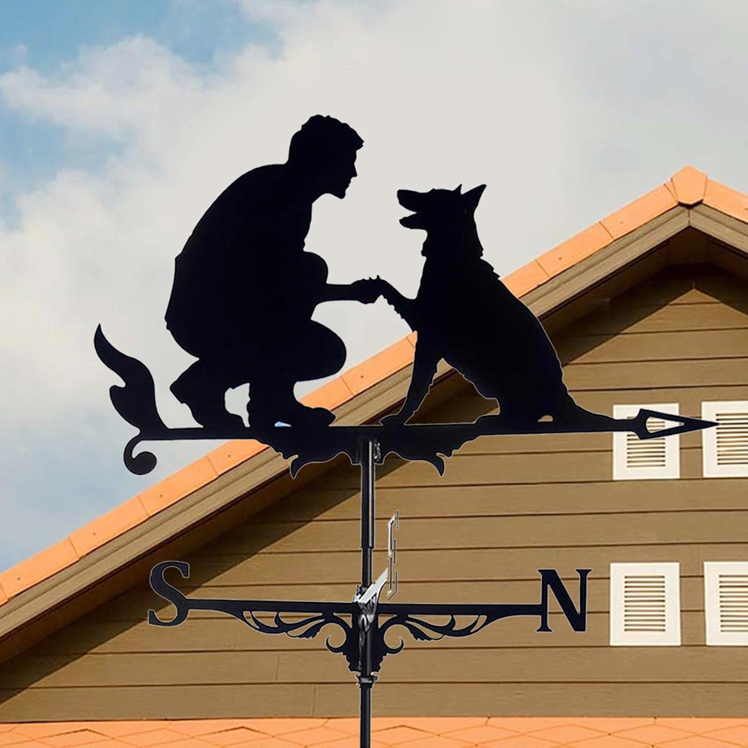 Prettyia Roof Weather Vane, Traditional Drawing Iron Weather Vane, Roof Decoration Drinking Garden, Multifunctional Weather Vane, for Barn, Pavilion - Man with Dog, as Described image number 3