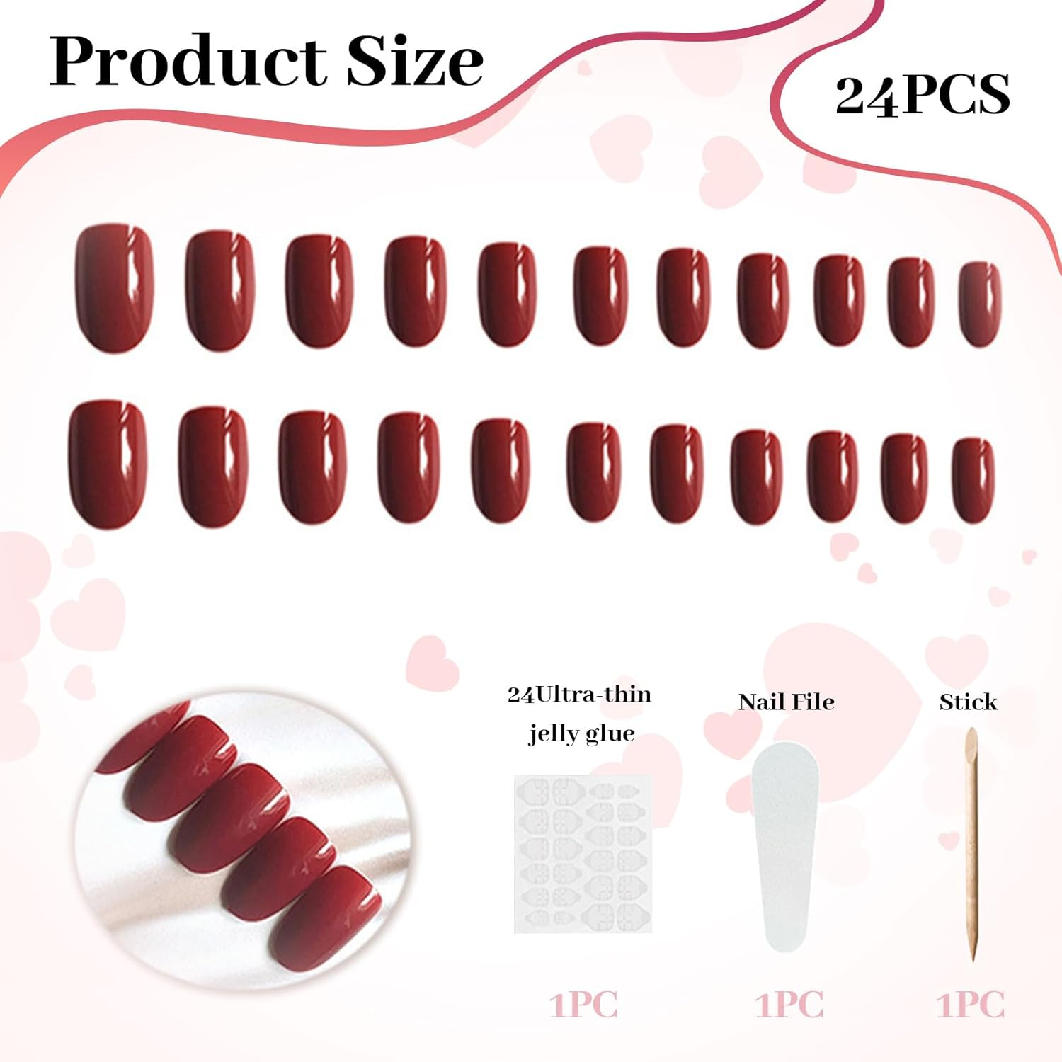 Lunarcharm 24 Pieces Burgundy, Short Press-On Nails, Press-On Nails, Oval Artificial Nails with Adhesive Tabs, Nail File, Preparation Pad, Manicure Sticks, Cherry Red image number 2