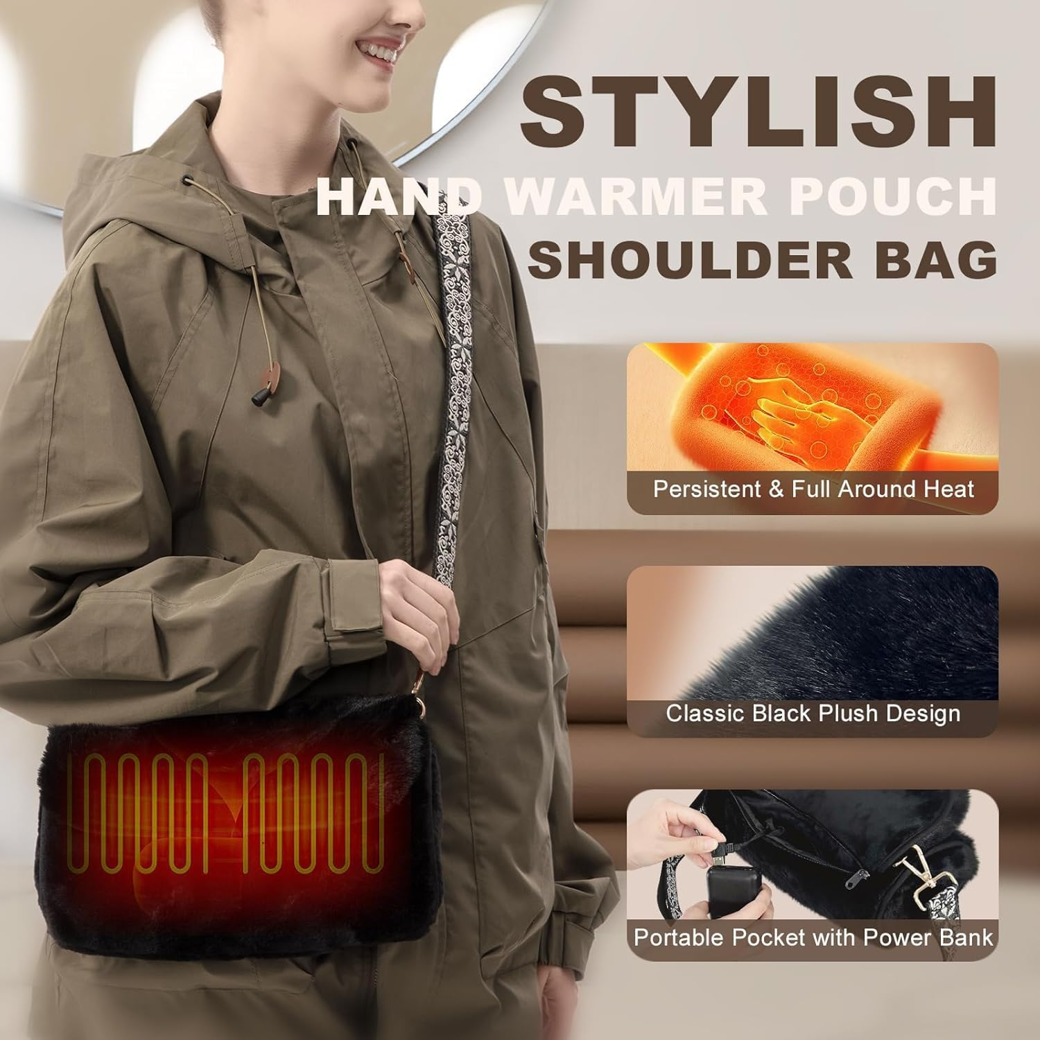 Uncn Rechargeable Hand Warmer Pouch with 10000Mah Power Bank Electric Heated Gloves for Women Reusable Portable Muff Shoulder Bag for Winter Cold Weather Gifts image number 5