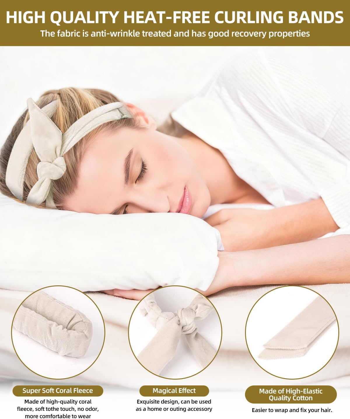 JUKOTA Pack of 5 Heatless Curls, Velvet Heatless Curls Band, Hair Curler Overnight, Curlers Overnight, DIY Hair Curler Rollers Set, Curls without Heat for Long Hair (Beige)