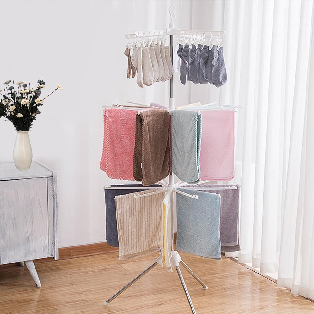 3-Tier Clothes Drying Rack, Folding Laundry Drying Rack, Indoor Outdoor Space Saving Stand Hanger with 24 Clips and 32 Towels Bars for Baby Clothes, Cloth Diapers, Socks, Bras, Towels, Underwear image number 4