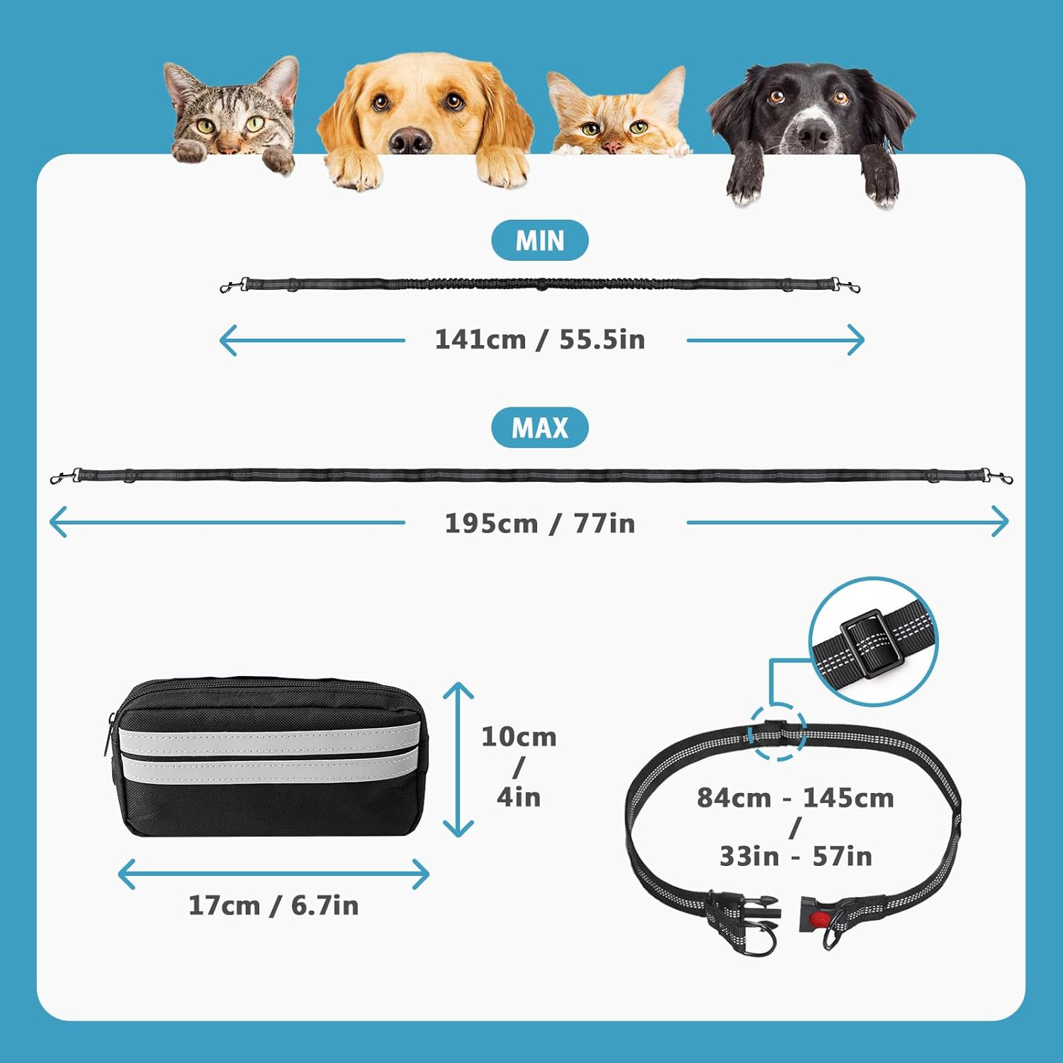 Enbluy Hands Free Dog Leash with Adjustable Waist Belt, Retractable Design, Reflective Stitching, Bungee Cord, Dual Handles, Zipper Pouch, Suitable for Running, Walking, Hiking (Double Dog Leash) image number 1