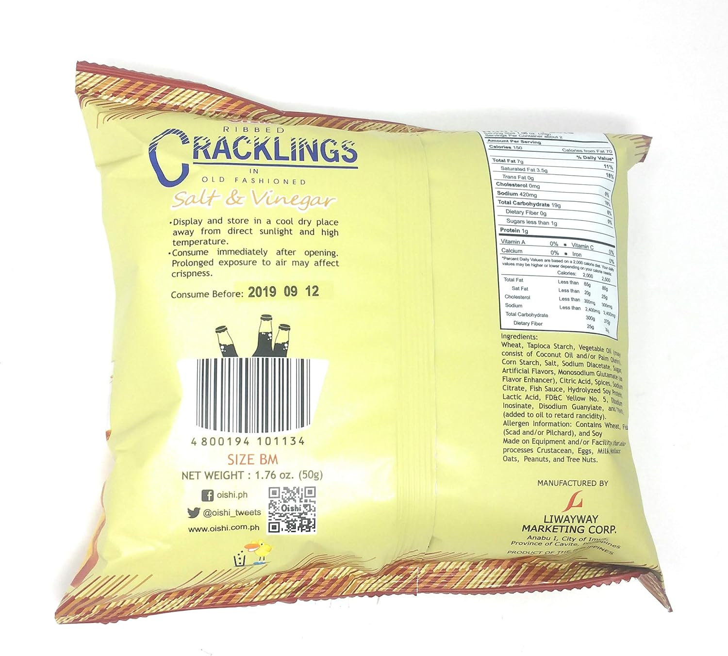 Oishi Ribbed Crackling Salt and Vinegar 50G image number 2